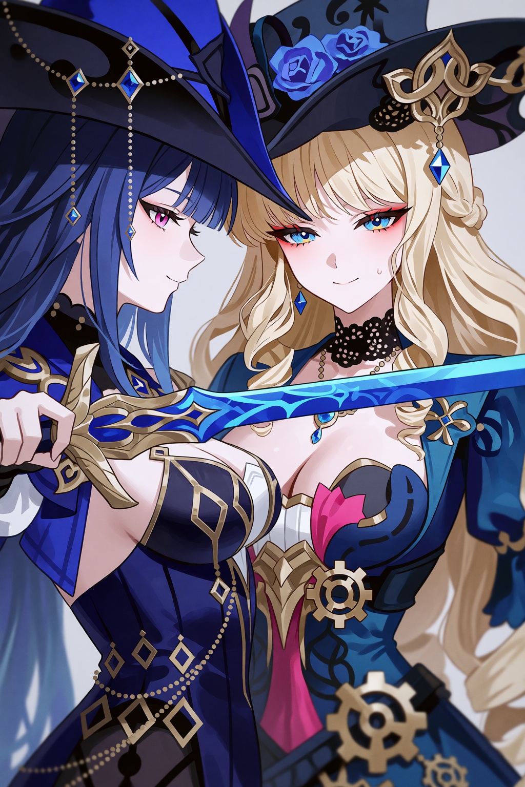 Two females stand close together in the center. The female on the left faces right. The female on the right faces forward....