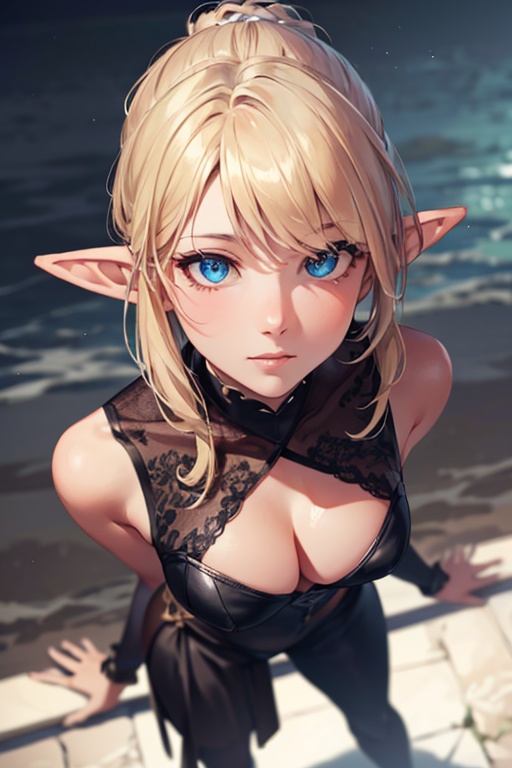 ballerina, cleavage, (view from above:1.5),(detailed face, detailed eyes, clear skin, clear eyes), lotr, fantasy, elf, female, full body, looking at viewer, portrait, photography, detailed skin, realistic, photo-realistic, 8k, highly detailed, full length frame, High detail RAW color art, piercing, diffused soft lighting, shallow depth of field, sharp focus, hyperrealism, cinematic lighting
