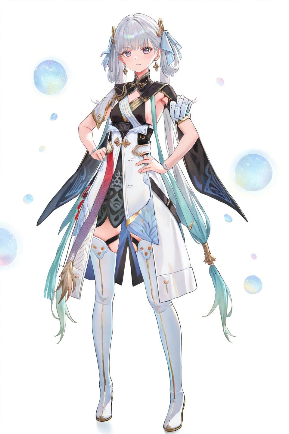 8k,best quality,masterpiece,(ultra-detailed),(high detailed skin),((artist:reoen),(artist:fuzichoco),(artist:atdan),(artist:torino_aqua),year 2024:0.8)1girl,[artist:wlop],[artist:ningen_mame],artist:ciloranko,[[artist:rhasta]],artist:tidsean,colorful,detailed light,light leaks,sunlight,bokeh,blurry foreground,ray tracing,lens flare,cinematic lighting,full body,full shot,standing,looking at viewer,(solo:1.2),simple background,(white background:1.2),hand on own hip,(white background:1.1),<lora:jxnew-IL-Tanger-000014:0.8>,jinhsi,jinhsi \(wuthering waves\),clothes:def white dress,1girl,jewelry,long hair,thigh boots,default clothes,A full-body portrait of a young girl,standing gracefully,pastel art style,high-key lighting,shoujo manga influence,hd quality,delicate details,