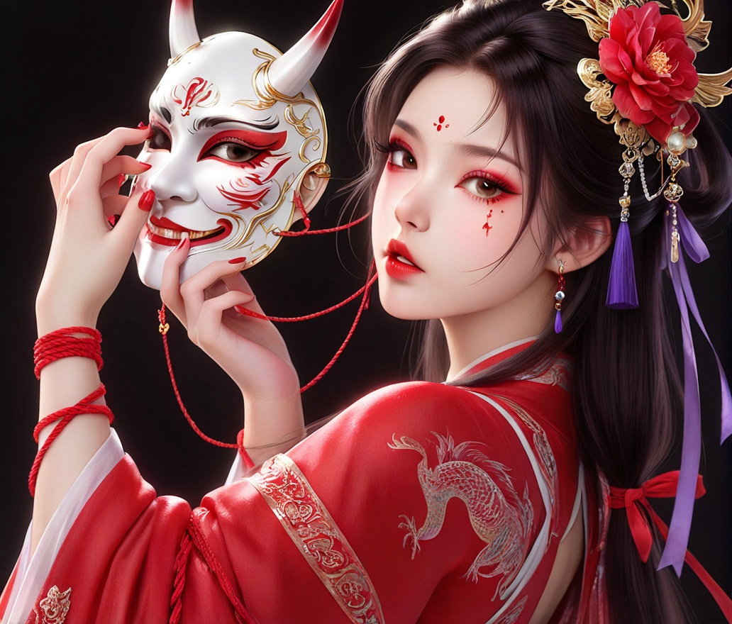 1girl, long hair, black hair, makeup, eyeshadow, low-tied long hair, looking back, eyelashes, parted lips, blood, lips, expressionless, multi-tied hair, brown eyes, eyeliner, mask, long sleeves, hair ornament, chinese clothes, tassel, necklace, japanese clothes, wide sleeves, dress, red dress, fingernails, looking at viewer, leaning back, head tilt, bell, solo, holding, rope, upper body, from side, black background, from behind, dark, chinese text, holding mask, red lips, mask on head, unworn mask, lipstick, one eye covered, nail polish, jewelry, red nails, hand up, closed mouth, beads, blue ribbon, string, oni mask, facial mark, purple ribbon, dark background, red eyeshadow, red rope, red robe, spine,,, <lora:国潮古风_v2_il-v1-20:0.5> <lora:20250628-1751082091954:0.51>