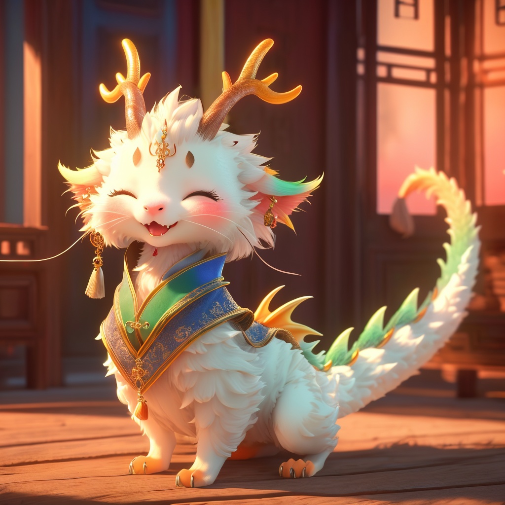 eastern dragon,soft lighting,whimsy and dramatic lighting,warm colors,mf-movie-filter,cc-color-correction,cute,sunset,sunlight,eastern dragon boy,clothed eastern dragon,dragon horns,horns,east asian architecture,no humans,closed eyes,blurry background,solo,fangs,blurry,jewelry,indoors,earrings,tassel,animalization,blush,tail,open mouth,antlers,full body,tassel earrings,whiskers,standing,smile,<lora:dragon_baby_v1:0.8>,