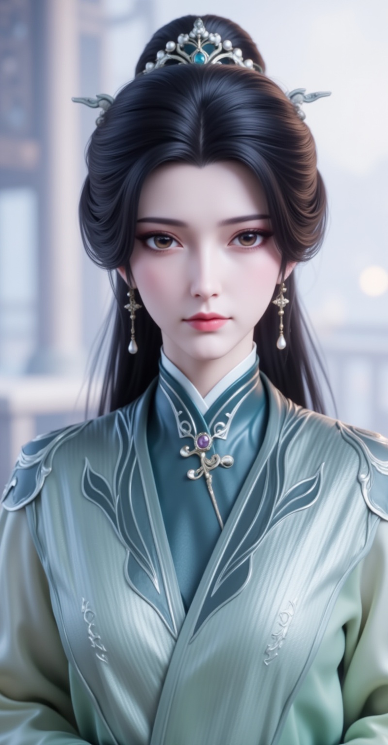 <lora:师娘6:1.01>,shiniang,1girl,solo,earrings,jewelry,black hair,hair ornament,chinese clothes,blurry background,upper body,blurry,closed mouth,brown eyes,hair bun,portrait,realistic,white_background,looking_at_viewer,cover,gradient background,close-up details,outstanding style,adding a touch of dimension to your images without compromising details,close-up,<lora:DJ滤镜_2.5D版:0.2>,lvjing,<lora:绚丽多彩·优化9:0.3>,lvjing,