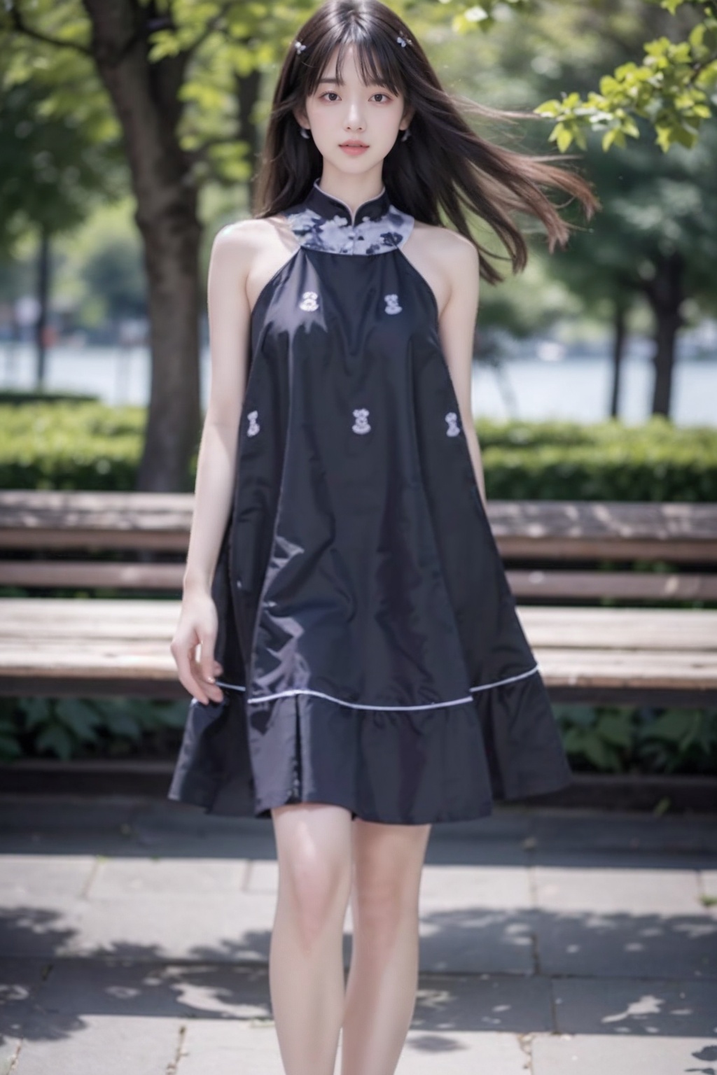 realistic,photo,masterpiece,highest quality,exquisite details,amazing art,realistic details,pretty face,real skin,8K,RAW,movie lighting,soft light,shallow depth of field,bokeh,dreamy,1girl,huge breasts,long hair,black hair,standing,full body,(solo,lakeside,in spring,park),<lora:add_detail:0.5>,<lora:VeryLongLegs_v2:0.4>,very_long_legs,<lora:ENNE 黑色无袖连衣裙_v09:1>,sleeveless dress,black dress,minidress,floral print,bare shoulders,