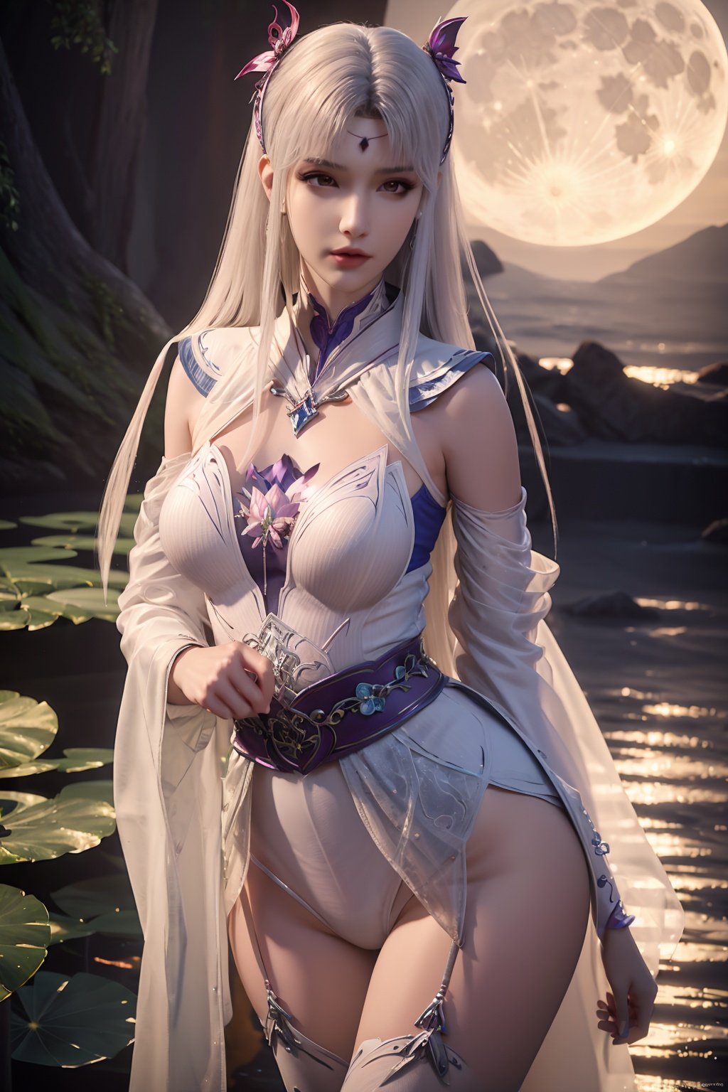 standing,flower,full_moon,moon,night,lily_pad,lotus,moonlight,water,night_sky,lily_\(flower\),sky,partially_submerged,1girl,solo,hair ornament,long hair,realistic,nail polish,photo_\(medium\),(big breasts, cleavage),makeup,(8k, RAW photo, best quality, masterpiece:1.2),(realistic, photorealistic:1.3),ultra-detailed,extremely detailed cg 8k wallpaper,(crystalstexture skin:1.2),extremely delicate and beautiful,(sexy pose:1.2),wearing edgHL,see-through,thighhighs,sexy lingerie,(big breasts:1.2),white hair