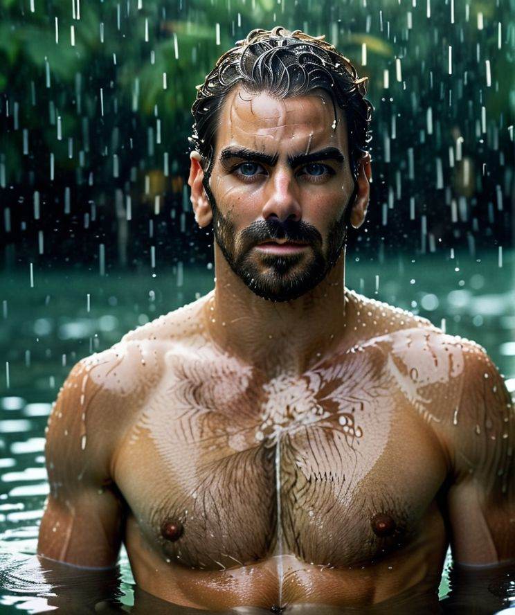 cinematic photo cinematic film still Shirtless Sacha Baron Cohen a man ,  in water,  caustics . shallow depth of field on...