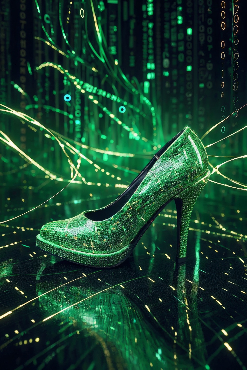 sdmai,Data streams,abstract art,binary code,cyberspace,Green theme,A high heel,<lora:SDMAI数字抽象线性艺术:0.75>,