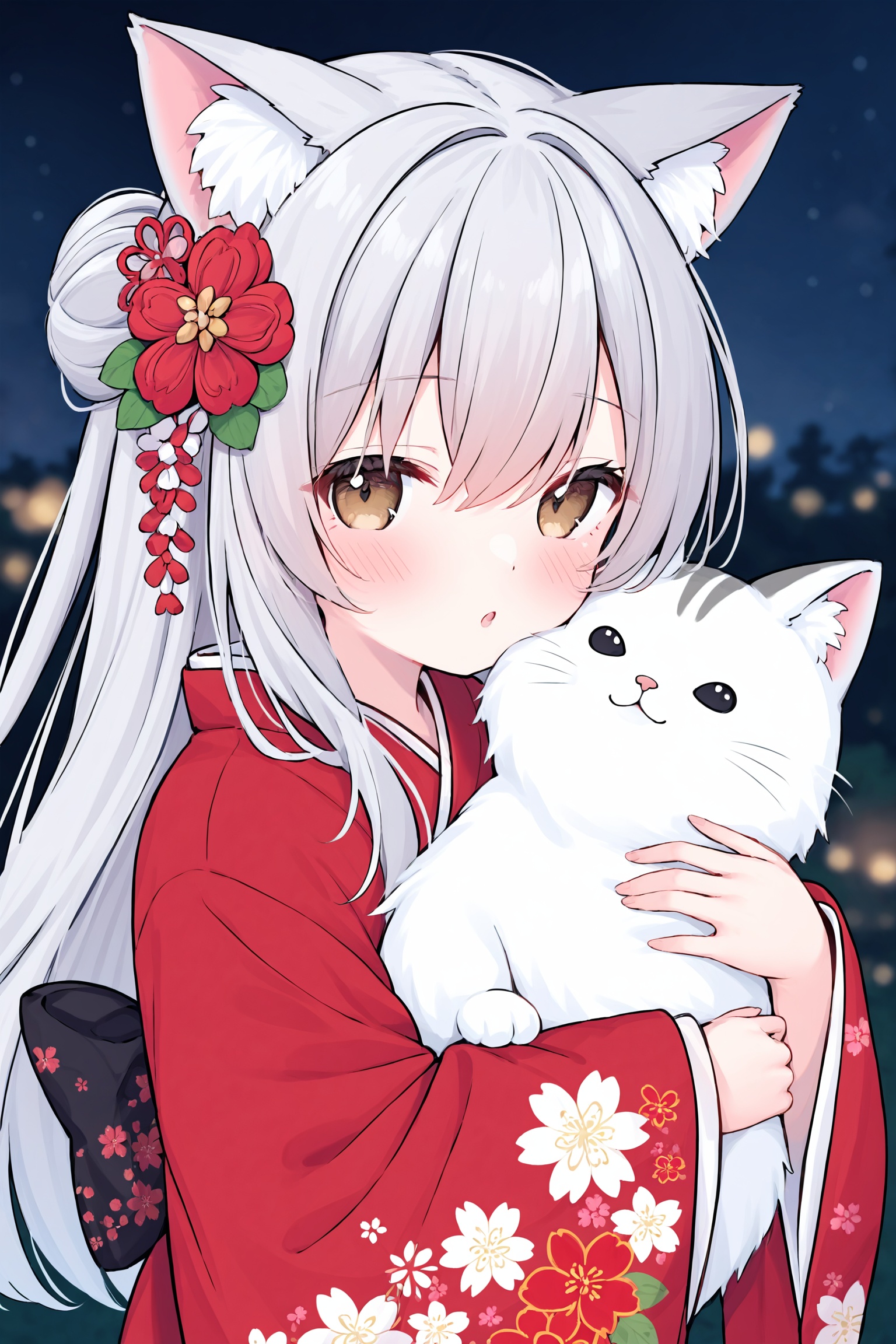 best a,1girl,loli,japanese clothes,kimono,animal ears,animal,long hair,flower,hair ornament,red kimono,hair flower,animal ear fluff,blush,looking at viewer,floral print,bangs,long sleeves,solo,upper body,print kimono,parted lips,hair between eyes,cat ears,cat,brown eyes,red flower,:o,animal hug,night,holding animal,grey hair,wide sleeves,blurry background,<lora:Leafpie 1.0:0.6>,