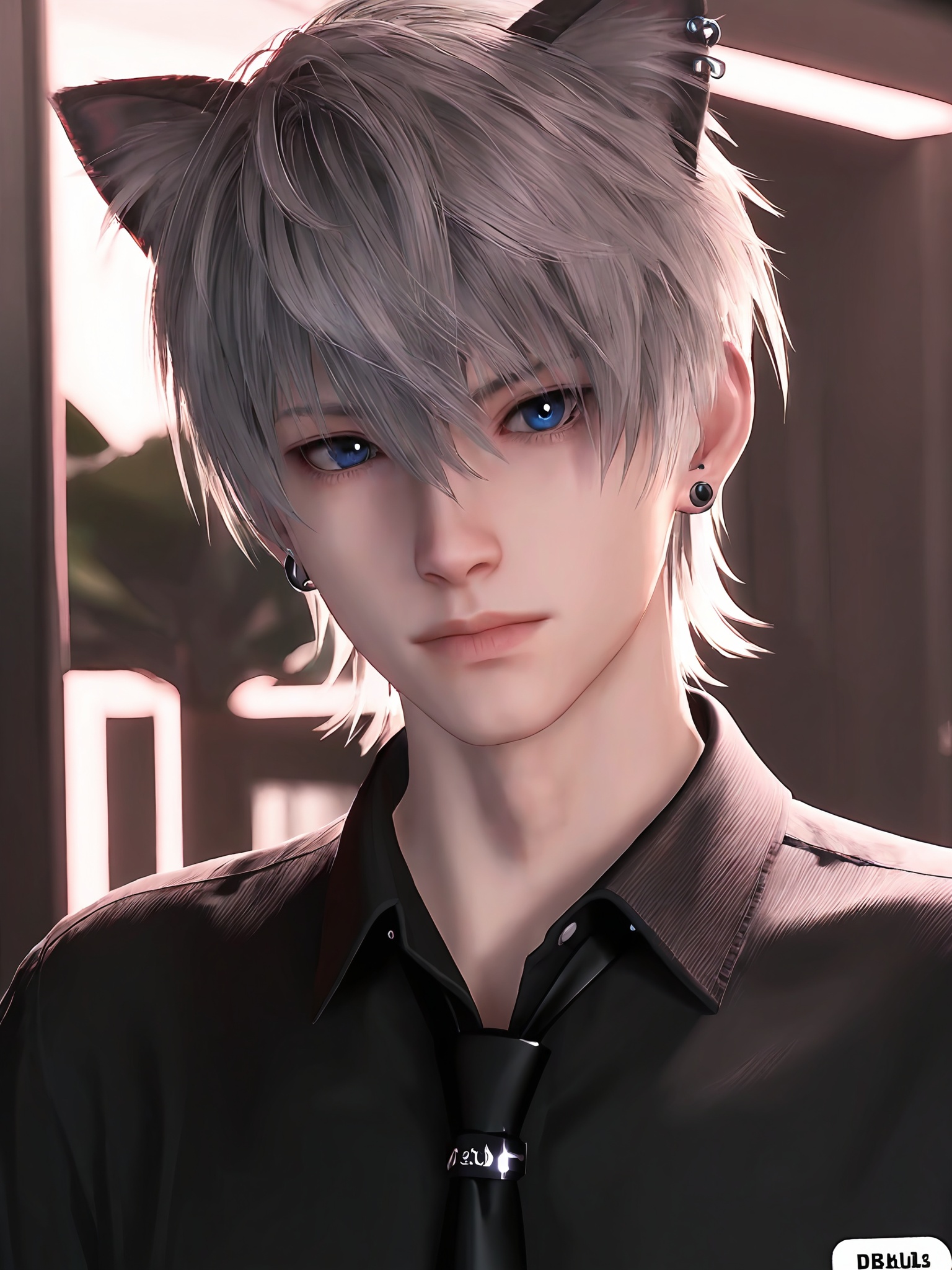 animal ears,1boy,male focus,solo,looking at viewer,necktie,shirt,earrings,cat ears,jewelry,blue eyes,collared shirt,bangs,closed mouth,ear piercing,hair between eyes,short hair,black necktie,artist name,black shirt,grey hair,piercing,upper body,lips,white hair,cowboy_shot,<lora:3.9沈星回:0.7>,, score_9,score_8_up,score_7_up,source_anime,