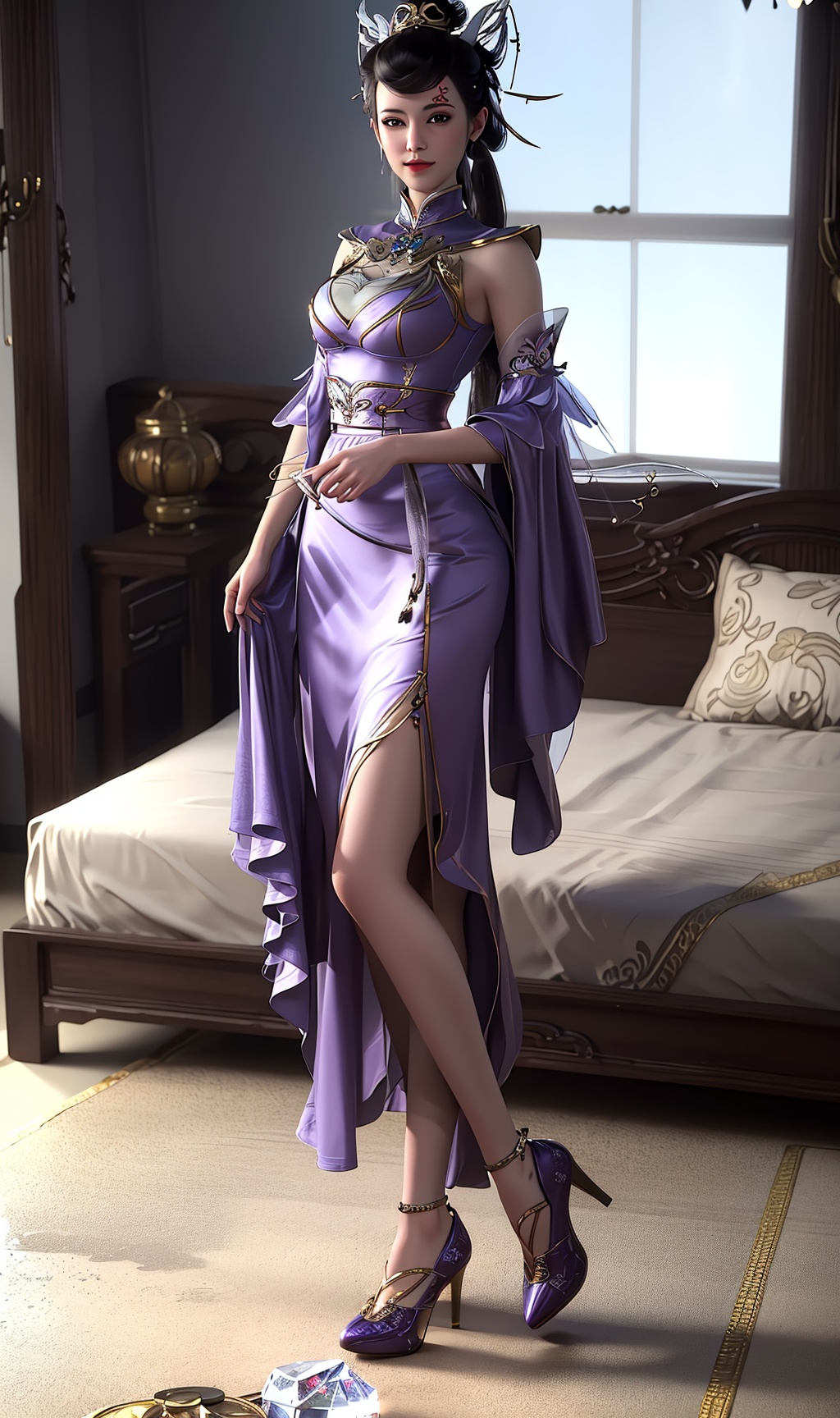 masterpiece,(best quality),3d,official art, extremely detailed cg 8k wallpaper,((crystalstexture skin)), (extremely delicate and beautiful),highly detailed,1girl,solo,long hair,headwear,(standing),(black_hair),((dress,skirt)),, (chinese_clothes),(high_heels), (shoes),(purple_footwear), (long_dress),(long_skirt),((full body,whole)),sweet smile, (medium breasts),((hair_ornament)),(sunshine, indoor,(bed)),((looking_at_viewer)),((Facing the camera)),, <lora:hipoly3DModelLora_v10:0.3>