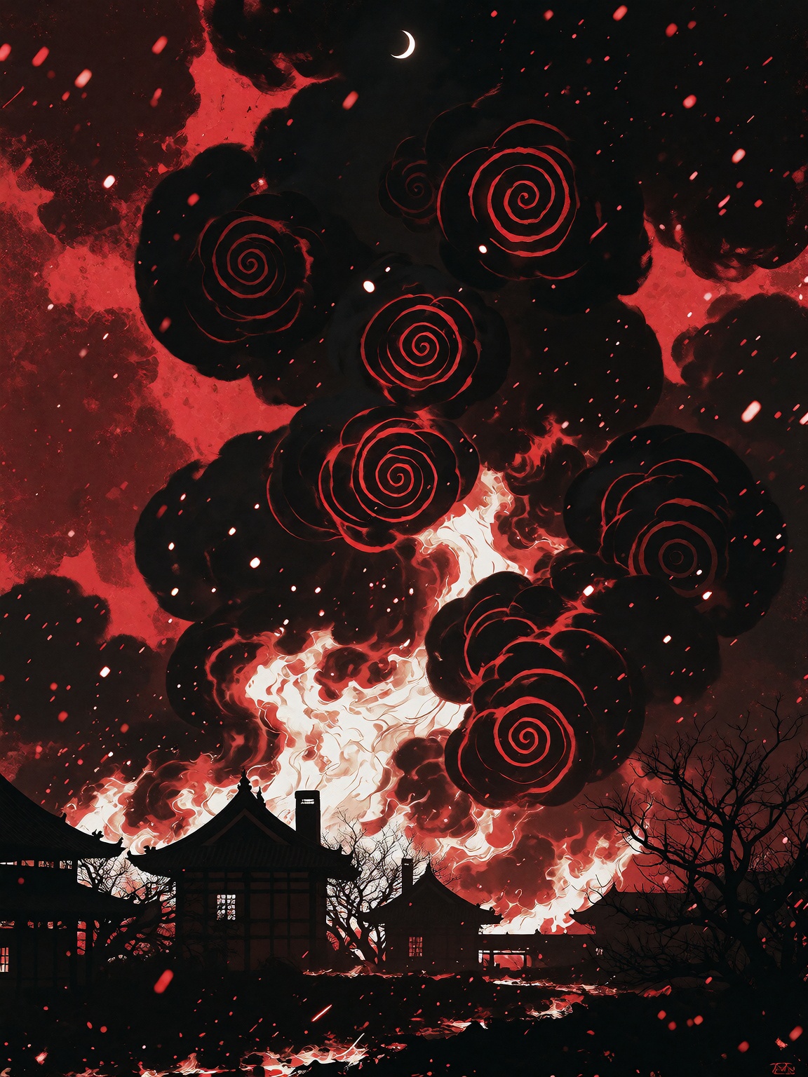 A stylized digital painting of a village engulfed in stark white and orange flames beneath a glowing red sky. Towering bla...