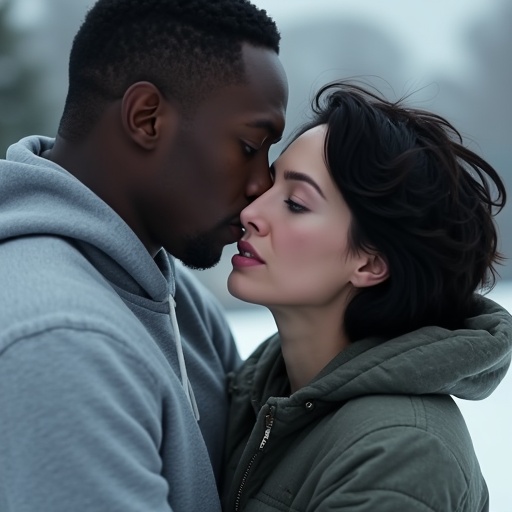 The woman looks up expressionless as the lower half of a black man dressed in grey tech pants and white Nike running shoes...