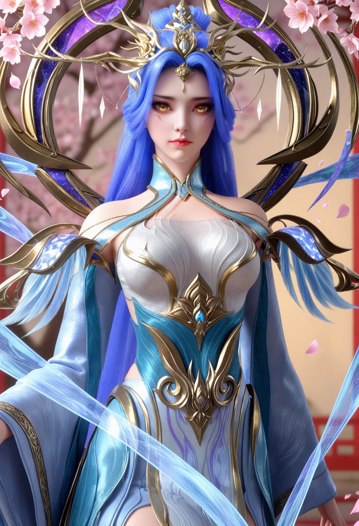 (looking at viewer:1.1),(moody lighting:1.1),peach blossom,falling petals,medium breasts,zetiannvdi,1girl,solo,long hair,blue hair,hair ornament,dress,closed mouth,long sleeves,bare shoulders,detached sleeves,yellow eyes,wide sleeves,makeup BREAK masterpiece,(best quality),(intricate details:0.9),(realistic skin:1.2),<lora:QQSillzetiannvdiV1:0.8>,