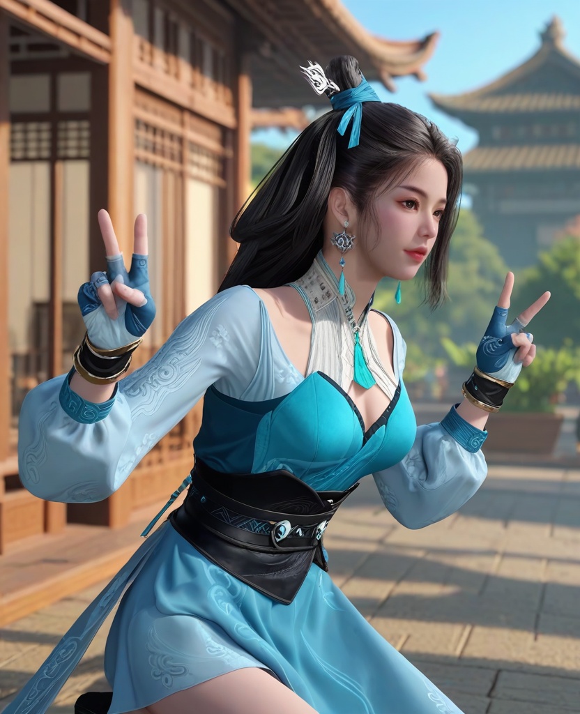 (oriental architecture, elegant decor, sophisticated style:1.1),(v, peace sign:1.1),(breasts:1.2),<lora:XLCG师兄蓝灵娥:0.95>,miss lanlinge,blue dress,brown eyes,black hair,low-tied long hair,hair ornament,hair bun,sash,puffy sleeves,fingerless gloves,earrings,jewelry,, score_9,score_8_up,score_7_up,score_6_up,score_5_up,score_4_up,3d rendering,tag1,tag2, Cinematic Lighting,backlighting,