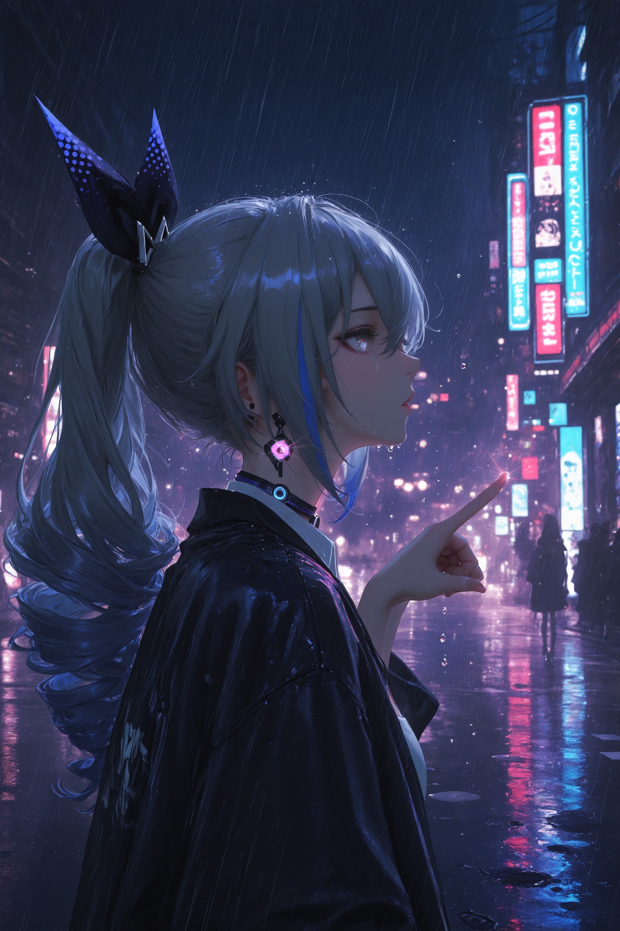 masterpiece,best quality,amazing quality,very aesthetic,absurdres,newest,highres,nixeu:0.5,yoneyama mai:0.5,1girl,solo,silver wolf \(honkai: star rail\),honkai \(series\),cyberpunk,street,night,darkness,metallic texture,from side,ray tracing,pointing to you,rain drops on the girl,strong color performance,oil painting style,