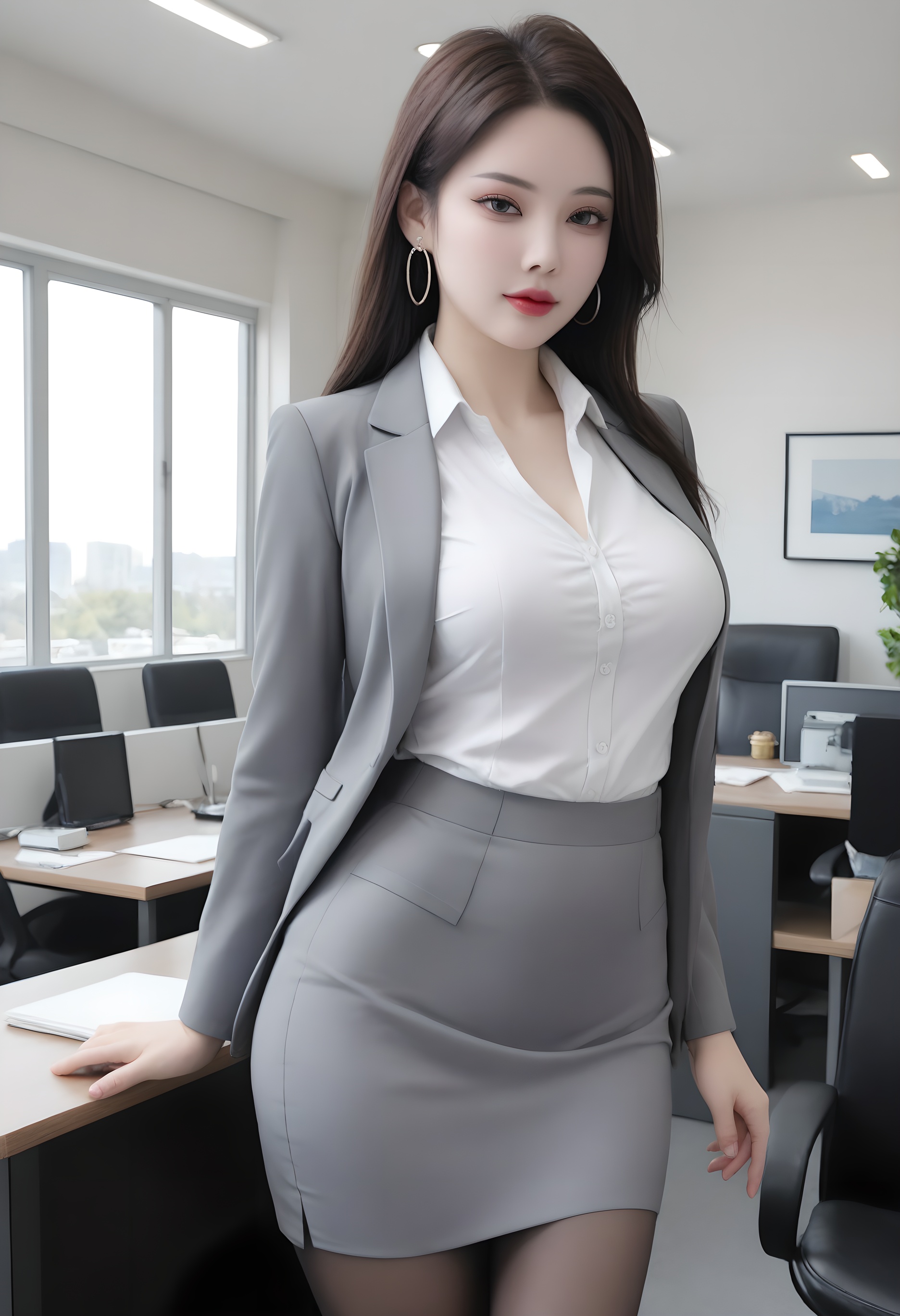 score_9,available light,enchanting expression,sunlight,1girl,standing,solo,jewelry,short skirt,long hair,office girl,pantyhose,large breasts,shirt,formal,earrings,suit,pencil skirt,jacket,indoors,looking at viewer,office,white shirt,makeup,Lipstick,red lips,gray skirt,lips,skirt suits,particle,
