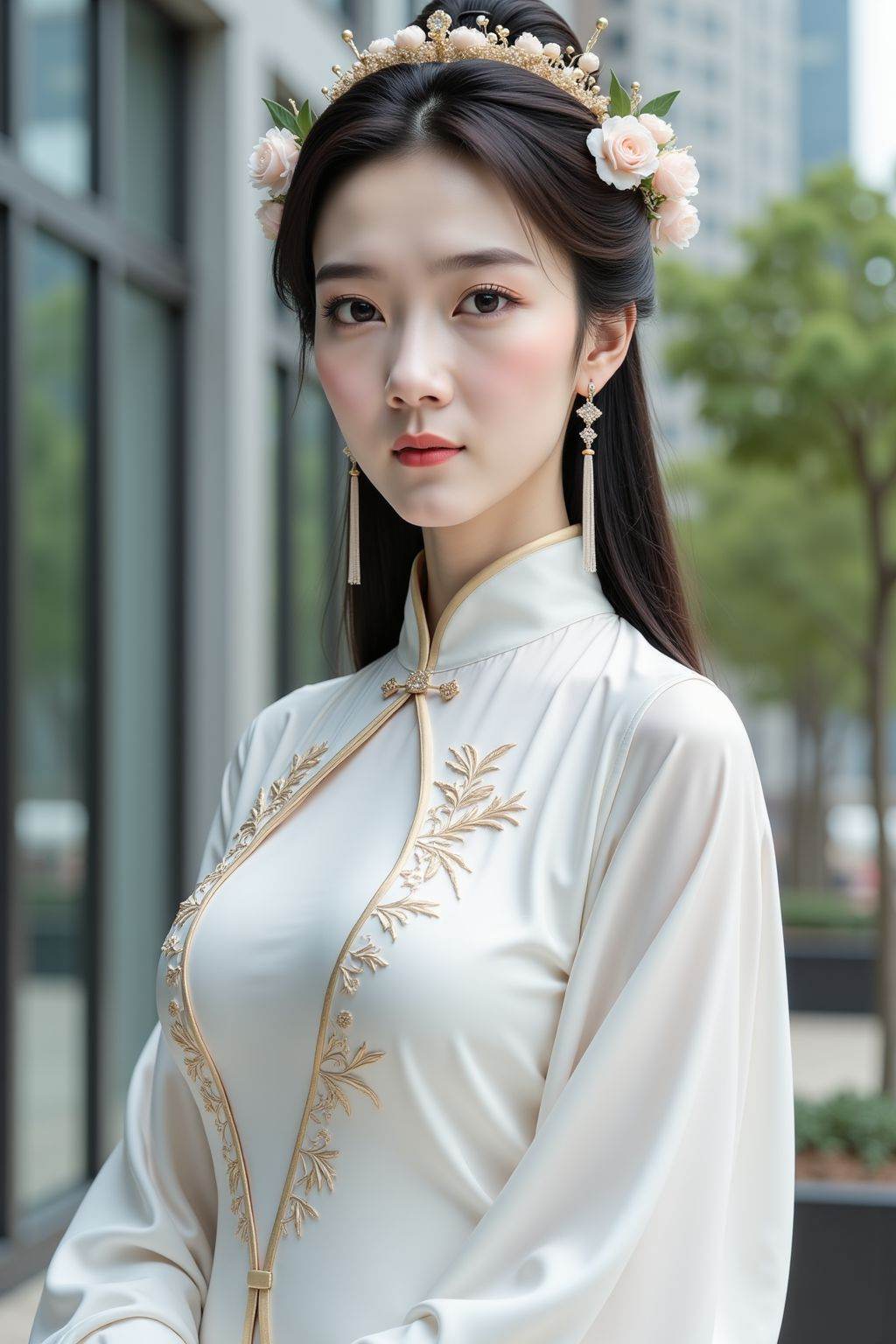 This is a high-resolution photograph of a young East Asian woman posing outdoors. She is dressed in traditional Chinese attire, specifically a white, high-collar, long-sleeved gown adorned with delicate embroidery in gold thread. The fabric appears to be made of a soft, smooth material, possibly silk, which drapes elegantly around her figure. She is wearing a headpiece that consists of a floral crown with intricate, delicate flowers and leaves, and a pair of long, dangling earrings that match the crown's design, adding a touch of elegance and sophistication.Her hair is styled in a sleek, straight manner, parted down the middle and cascading down her back, with the front sections pulled back and adorned with the floral headpiece. Her makeup is subtle yet striking, featuring a natural complexion with a hint of blush and a soft pink lipstick that complements her attire.The background shows an urban setting with modern architecture, including glass and metal structures, and a blurred greenery hinting at trees or plants. The lighting is soft and natural, enhancing the serene and refined atmosphere of the image. The overall mood is one of timeless beauty and grace, capturing the essence of traditional Chinese culture and elegance.