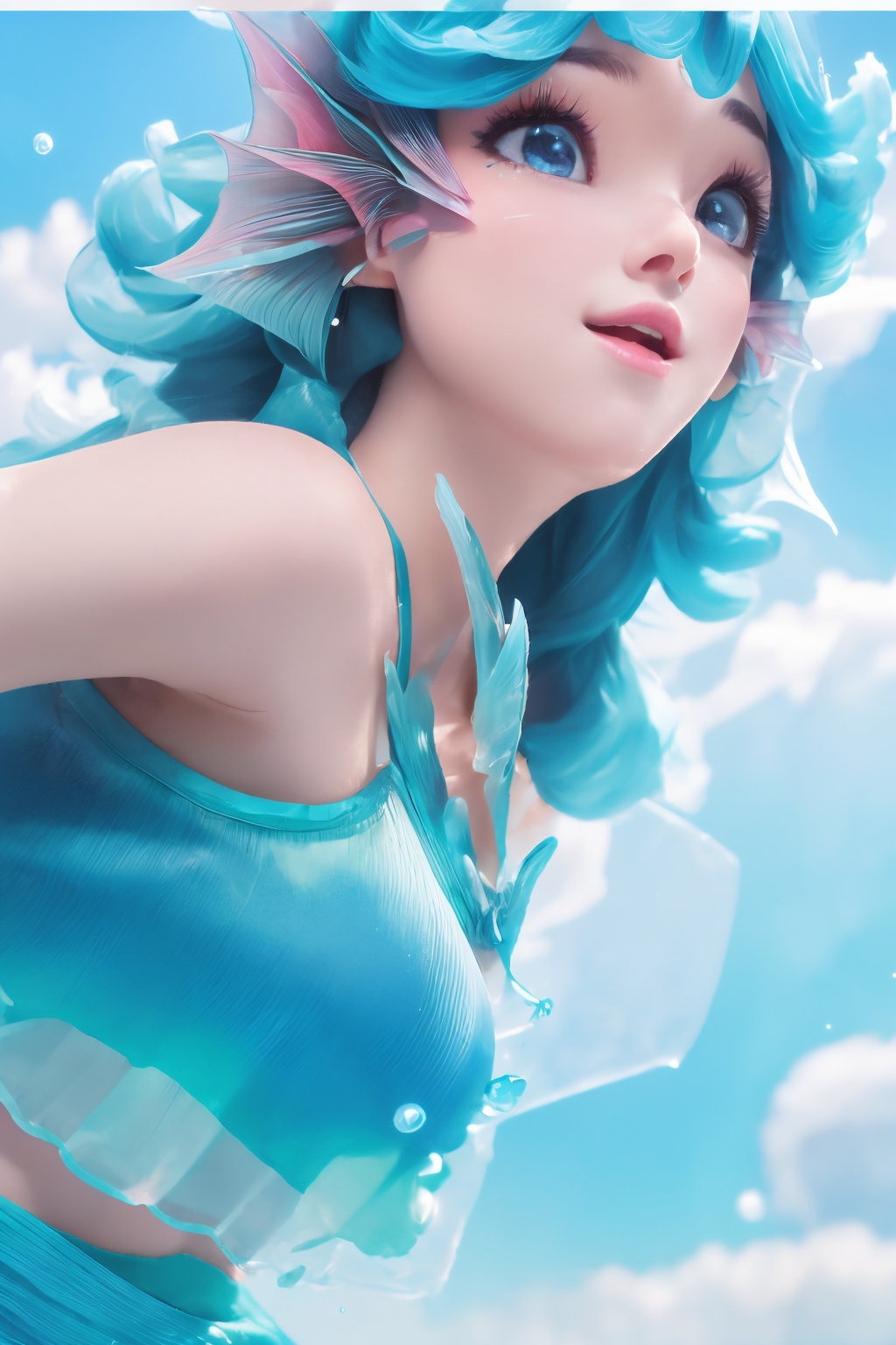 (1girl),moyou,smooth chin,masterpiece,detailed face,((hair ornament)),top quality,4k,make up,best quality,alone,single,solo,only one,one character,blush,(body blush),(detached sleeves),earrings,(blue hair),under water,(head fins),long hair,(from below),ocean,(puffy hair:1.13),head wings,frilled skirt,frilled clothes,model,looking at viewer,Cute Women,frilled shirt,bubble skirt,green skirt,full body,(detached shirt),bandeau,blue skirt,((Prayer with both hands)),(Masterpiece), the best quality,((The best hand))