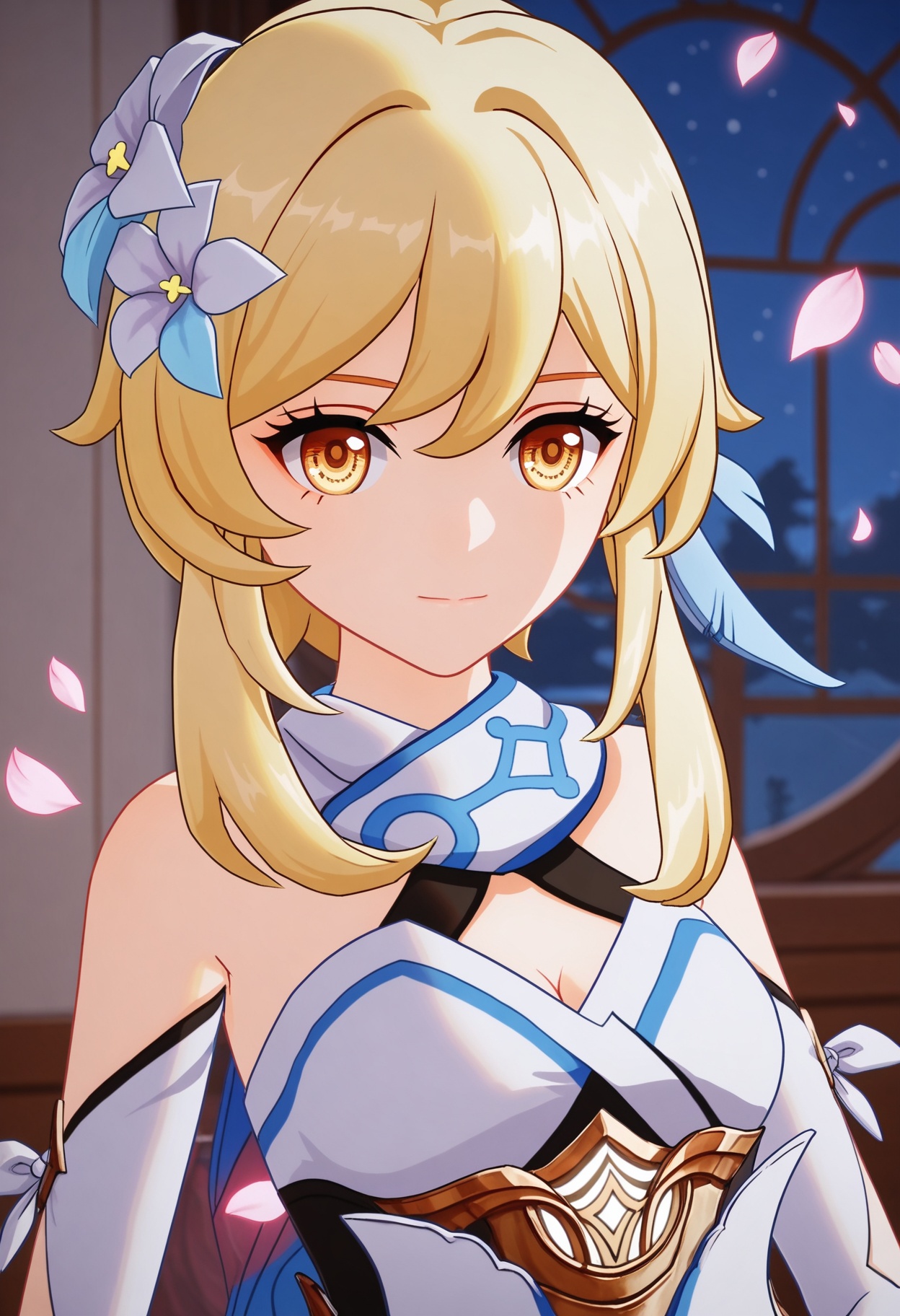 (upper_body:1.2),looking at viewer:1.1,masterpiece,(best quality),(mutated_hands:-1.2),(bad hands:-1.2),smog,Dark room,dim lighting,peach blossom,falling petals,<lora:YQ_Illustrious光辉v5_荧_V1:0.8>,q1528437228,1girl,solo,lumine (genshin impact),blonde hair,hair ornament,dress,hair flower,white dress,short hair with long locks,detached sleeves,yellow eyes,scarf,sidelocks,feather hair ornament,gloves,white thighhighs,boots,