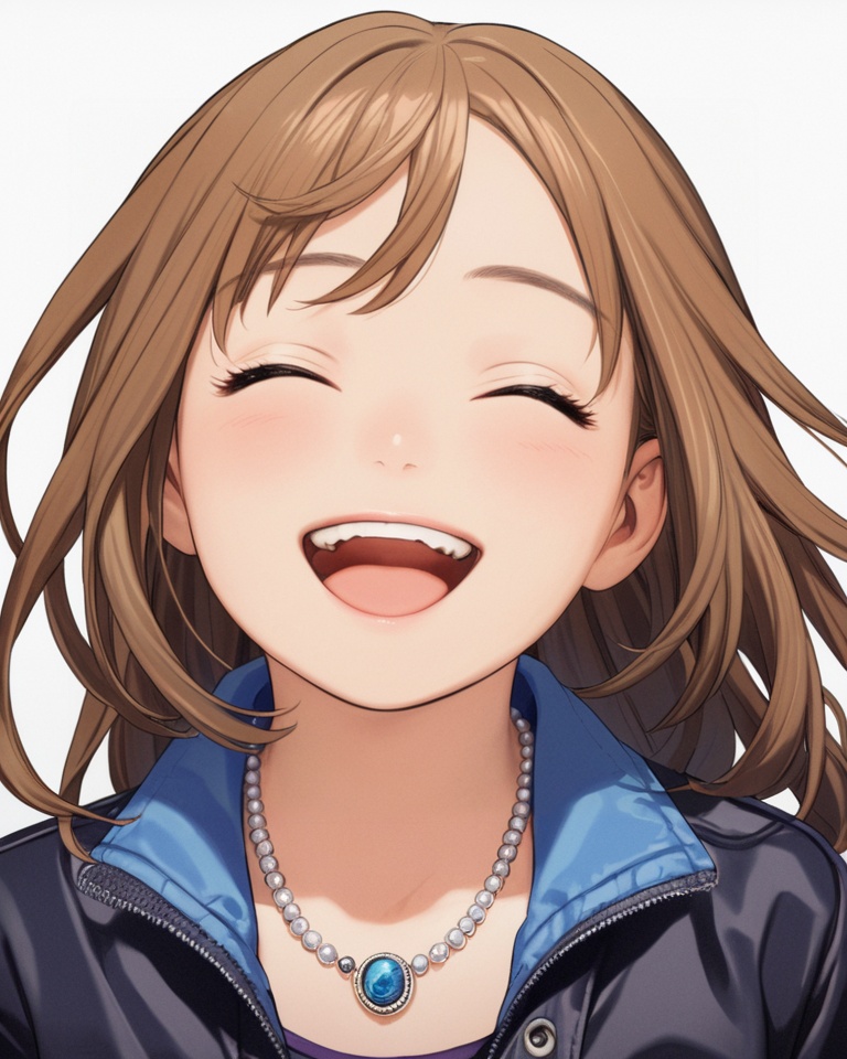 (best quality), ((masterpiece)), (highres), illustration, original, extremely detailed,  <lora:莲实复古动漫XL:0.7>1girl, solo, jewelry, smile, open mouth, necklace, long hair, closed eyes, brown hair, jacket, :d, simple background, teeth, white background, blush