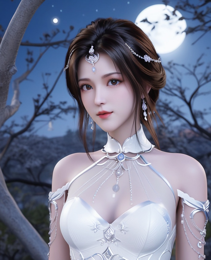 <lora:613-DA-XL-神印王座-白玥:0.8>(,1girl, ,best quality, ),looking at viewer,  ,ultra detailed background,ultra detailed background,ultra realistic 8k cg, ,masterpiece, (( , )),, ,fiction,mole,,      ,(cleavage), (),  ,see-through, lace, (((, solo, moon, , bare_tree, )))(cleavage),