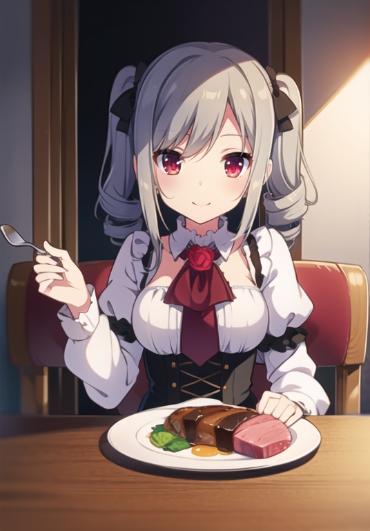 (best quality), ((masterpiece)), (highres), illustration, original, extremely detailed wallpaper.  <lora:cutegirl-000008:0.7>kanzaki ranko, 1girl, fork, solo, grey hair, smile, red eyes, holding fork, brooch, knife, plate, twintails, holding, food, corset, blush, drill hair, long sleeves, breasts, twin drills, looking at viewer, holding knife, sparkle, long hair, lolita fashion, underbust, steak, flower, puffy sleeves, medium breasts, gothic lolita, ascot, jewelry, bangs, closed mouth, bow, table, rose, hair bow, shirt, heart, white shirt, sitting, meat, dress