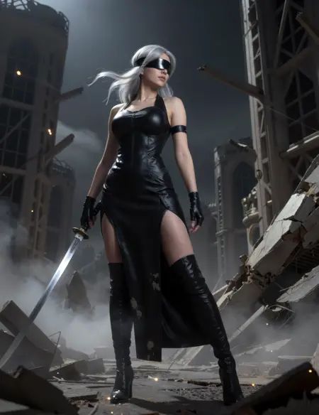 A masterpiece image crystallizes in ultra-detailed, photorealistic clarity, revealing a stunningly realistic, curvy woman standing poised amid the skeletal remains of a ruined sci-fi cityscape, shattered towers and broken steel framing her like a fallen cathedral of the future; her sleek black YoRHa-style dress clings with elegant precision, its high-gloss panels and matte fabric sections rendered with obsessive texture detail, seams, stitching, and subtle wear visible where ash and wind have kissed the surface; silver hair streams freely around her shoulders and back, caught in a restless current, each strand individually resolved as it glows faintly against the smoke-darkened sky; a refined blindfold visor obscures her eyes, smooth and immaculate, lending her presence an enigmatic calm, while intricate gloves articulate every finger as she holds a futuristic katana with effortless grace, the blade catching cold highlights that slice through drifting fog; thigh-high boots anchor her stance amid cracked pavement and glowing embers that fall slowly like dying stars, adding motion and depth to the frame; cinematic lighting carves dramatic shadows across her form, accentuating realistic skin tones beneath exposed areas and the complex interplay of fabric tension and movement; soft fog coils around her legs and ruins alike, diffusing light and amplifying scale; the atmosphere is heavy, melancholic, and immersive, fusing post-apocalyptic solitude with quiet strength, where beauty persists not as decoration but as resolve, and the image feels suspended in a moment of elegant defiance against a broken world that still breathes.