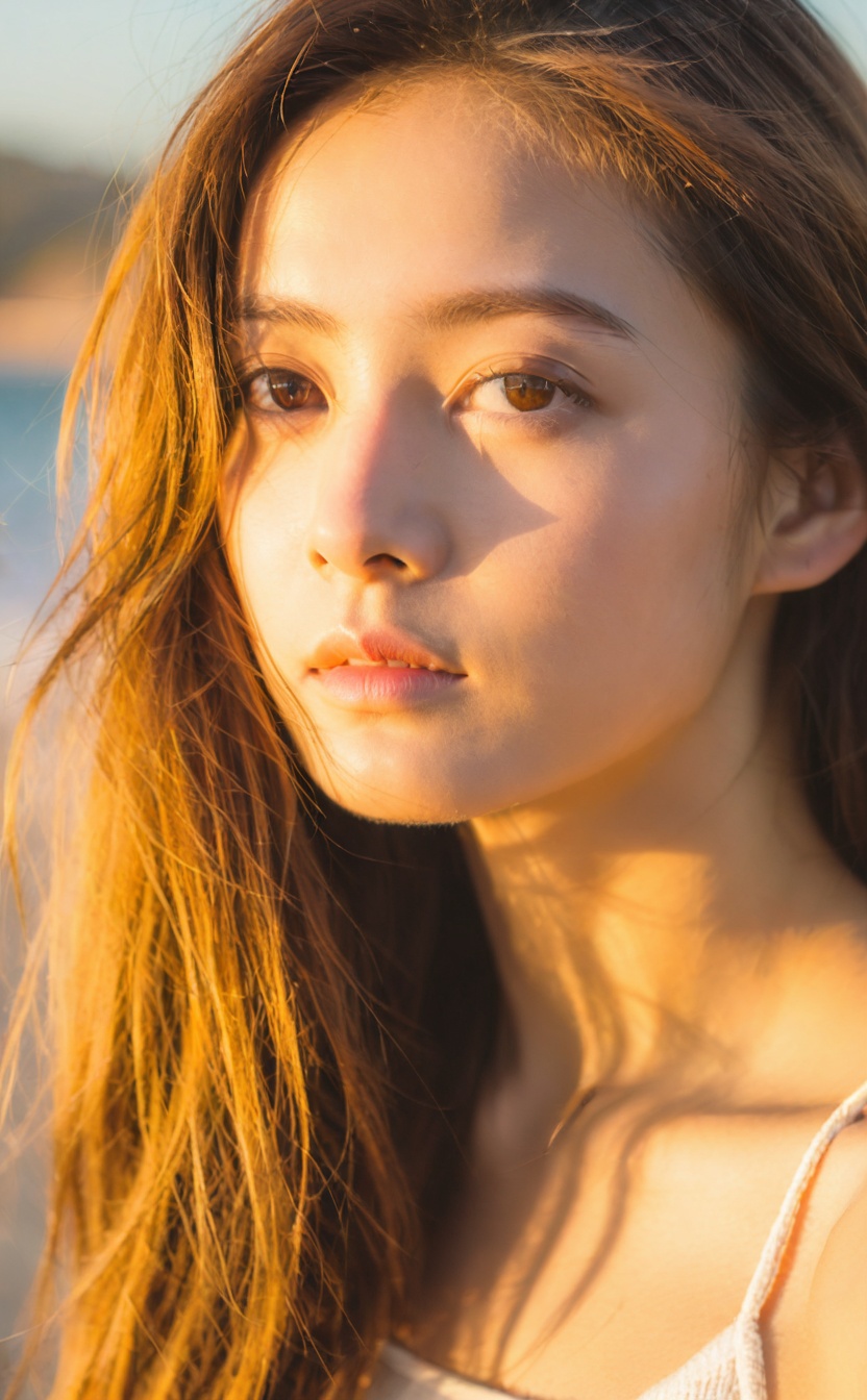 a close-up portrait of a young woman. She has a fair complexion,brown eyes,and long brown hair. The sunlight appears to be shining on her face,creating a warm,golden hue. The background is blurred,but it seems to be a beach setting with a clear sky.,