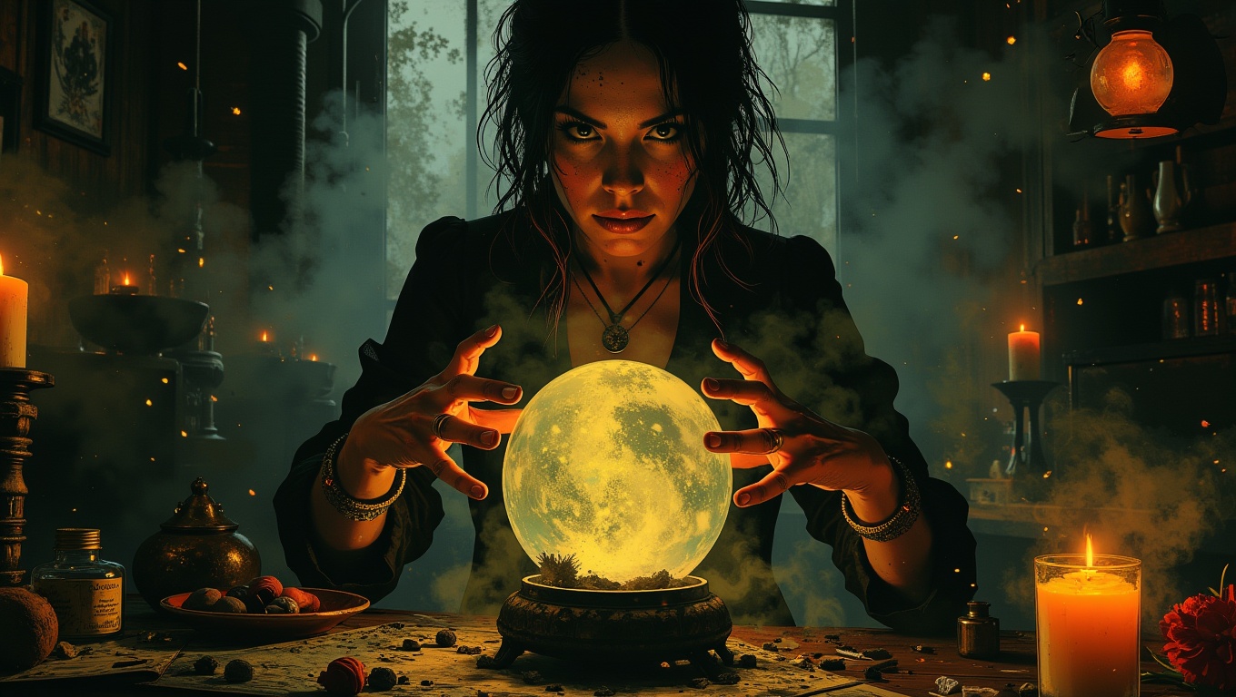 An enigmatic fortune teller in a dimly lit room,  her hands hovering over a crystal ball. Her eyes are intense,  peering i...