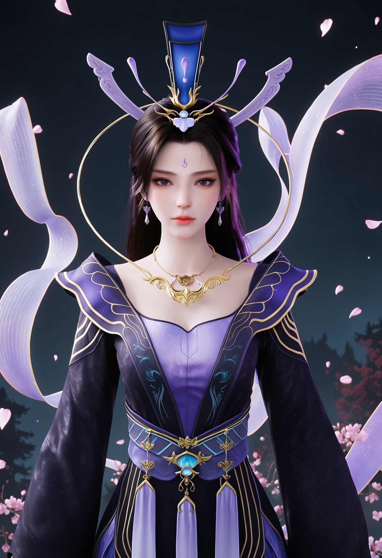 (upper_body:1.2),(looking at viewer:1.1),masterpiece,(best quality),smog,Dark room,dim lighting,peach blossom,falling petals,<lora:YQ_Illustrious光辉v5_紫霞_V1:0.8>,q1528437228,1girl,solo,black hair,long hair,jewelry,hair ornament,dress,earrings,necklace,Celestial streamers,Flowing streamer,Silk streamer,Trailing ribbon,ribbons,long sleeves,forehead mark,sash,chinese clothes,wide sleeves,purple dress,brown hair,shawl,hat,black footwear,black dress,purple eyes,floating,obi,hagoromo,bare legs,brown eyes,hair bun,side slit,