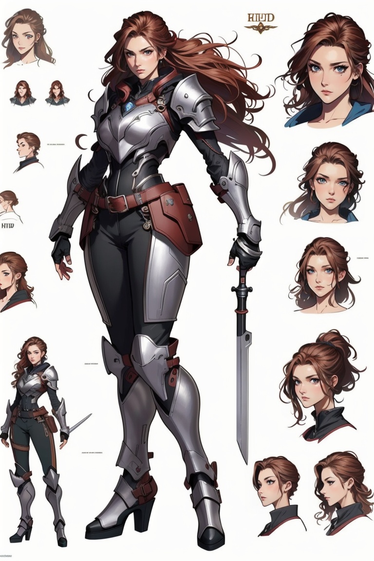 ((HRD, HUD, 8K)),((masterpiece, best quality)), highly detailed,game character design,multiple views, reference sheet, simple background, white background, concept art, 1girl, long hair, red hair, brown hair, brown eyes, lips,breasts, medium breasts,armor, bodysuit, shoulder armor, pauldrons, breastplate, power armor, high heels, <lora:20231226-1703587104099:0.8>