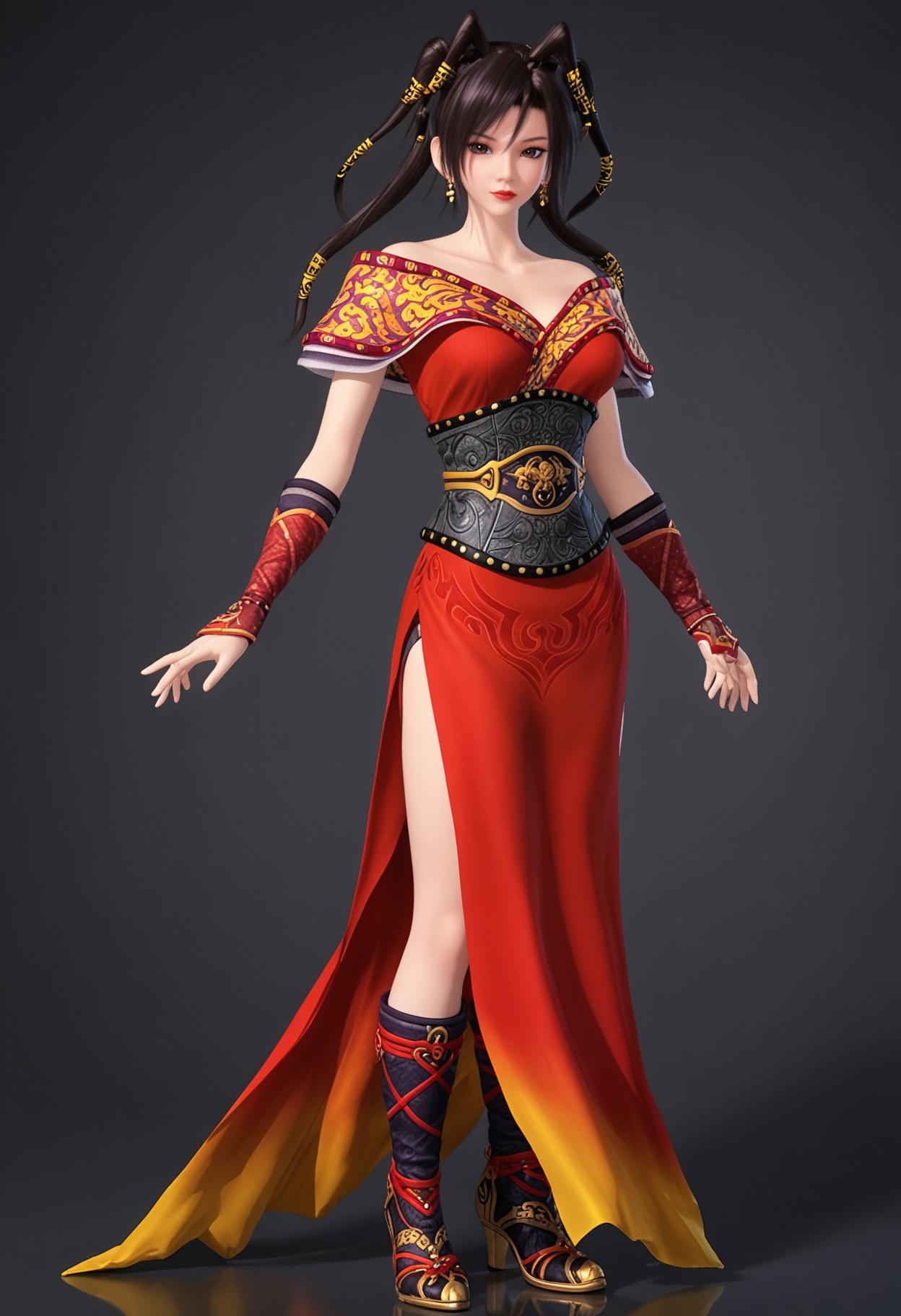 (full_body:1.1),(looking at viewer:1.1),facing viewer,direct gaze,<lora:YQ_pony_cilian_V4:0.8>,1girl,solo,black hair,brown eyes,jewelry,brown hair,earrings,dress,hair ornament,long hair,twintails,red dress,chinese clothes,boots,black eyes,side slit,sash,armor,ponytail,BREAK (white skin:1.1),(fair skin:1.1),(Ivory skin:1.1),(shiny skin),perfect anatomy,(simple background,pure black background,black background:1.1),