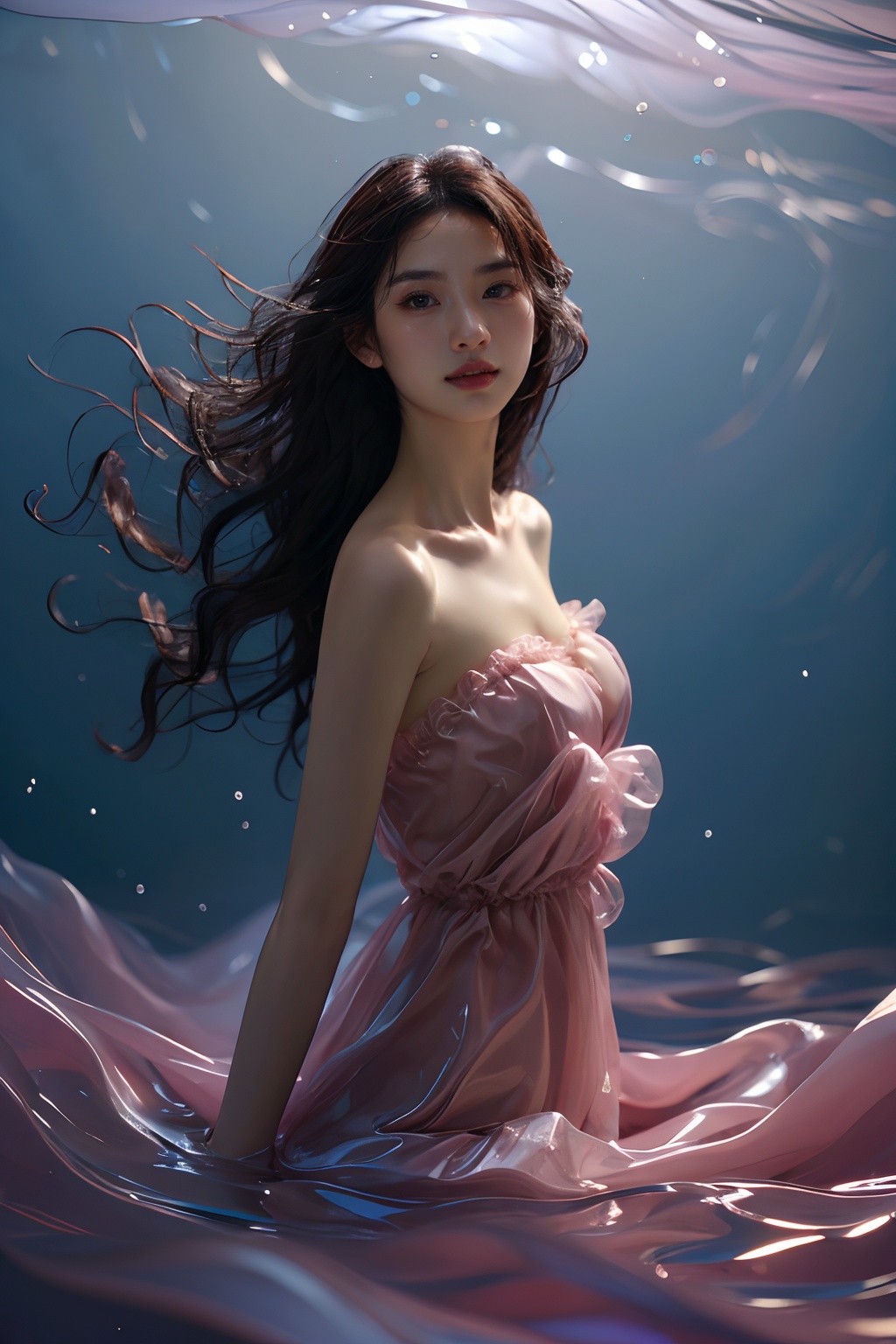 sd mai, piao, 1girl, solo, long hair, dress, bare shoulders, looking at viewer, brown hair, parted lips, lips, strapless, breasts, pink dress, strapless dress, water <lora:飘piao:0.7>