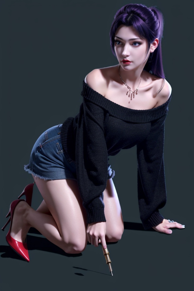((HRD, HUD, 8K)),((masterpiece, best quality)), highly detailed, 1girl, solo, long hair, purple hair, black hair, ponytail, blue eyes, lips, red lips, lipstick, nose, makeup,(off-shoulder sweater:1.2), denim shorts, high heels, simple background, grey background, flat color background, full body, (all fours:1.2), looking at viewer, <lora:斗破苍穹特别篇1云韵黑袍_v3.0 :0.7>