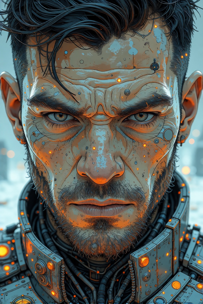 Detailed,  textured digital drawing of a serious,  close-up male face with short hair. on Tensor.Art