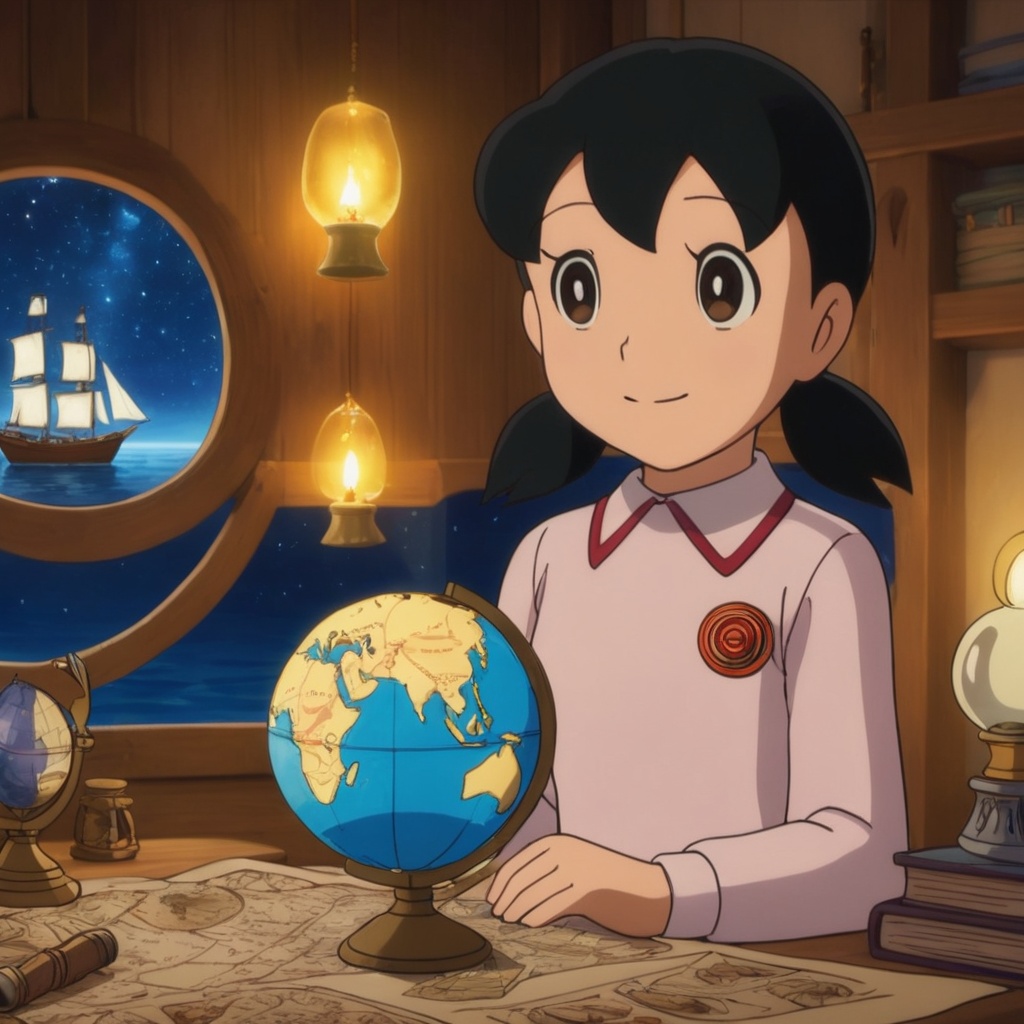 minamoto shizuka,  smile,  Teenage girl navigator studying ancient maps in a grand ship's cabin on Tensor.Art
