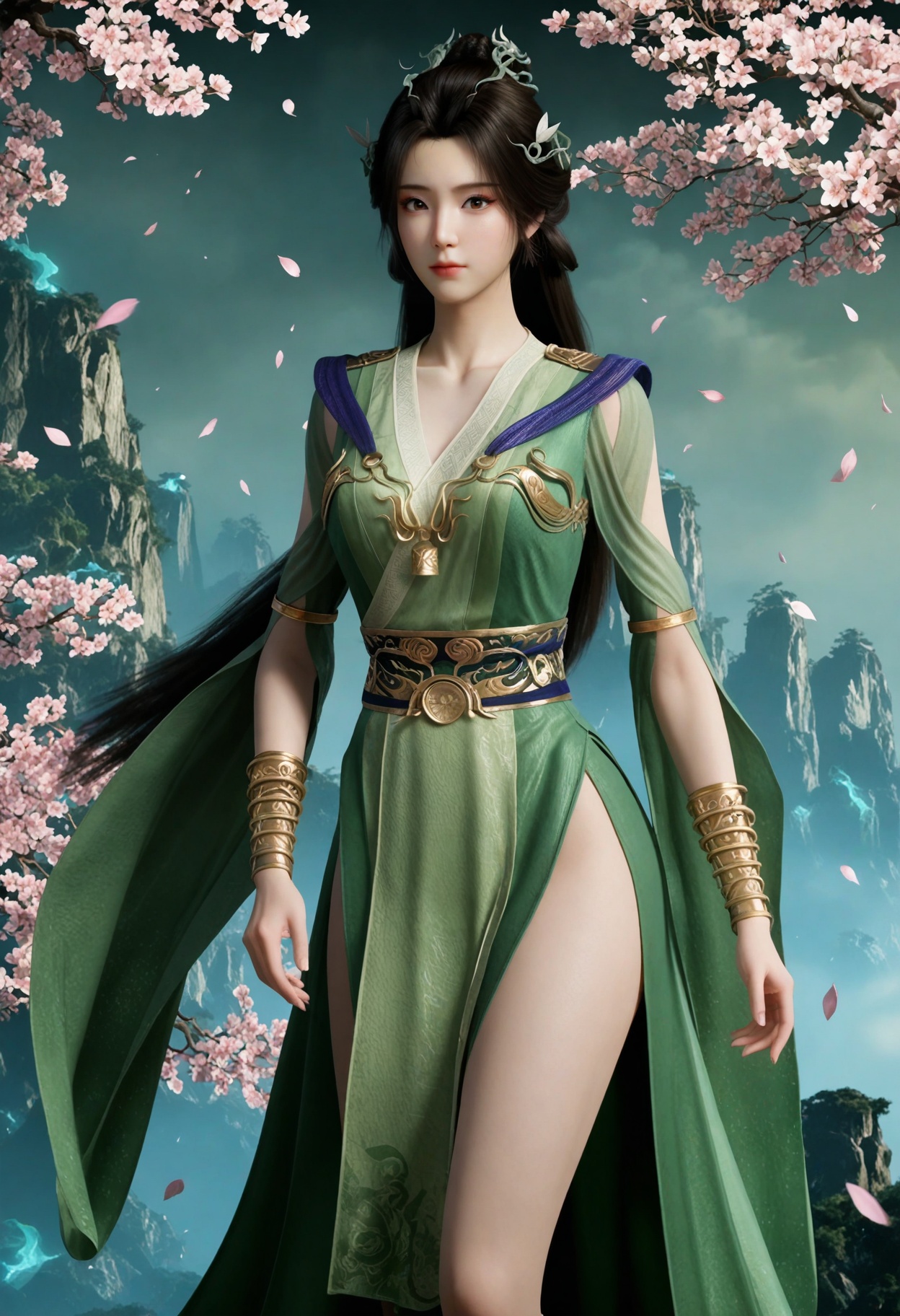 (looking at viewer:1.1),(moody lighting:1.1),peach blossom,falling petals,(large breasts:0.8),hanyunzhi,1girl,solo,black hair,long hair,hair ornament,green dress,realistic,dress,closed mouth,jewelry,bracelet,chinese clothes,sash,brown eyes,hair bun,boots BREAK masterpiece,best quality,(intricate details:0.9),(realistic skin:1.2),<lora:QQSillhanyunzhiV1:0.8>,