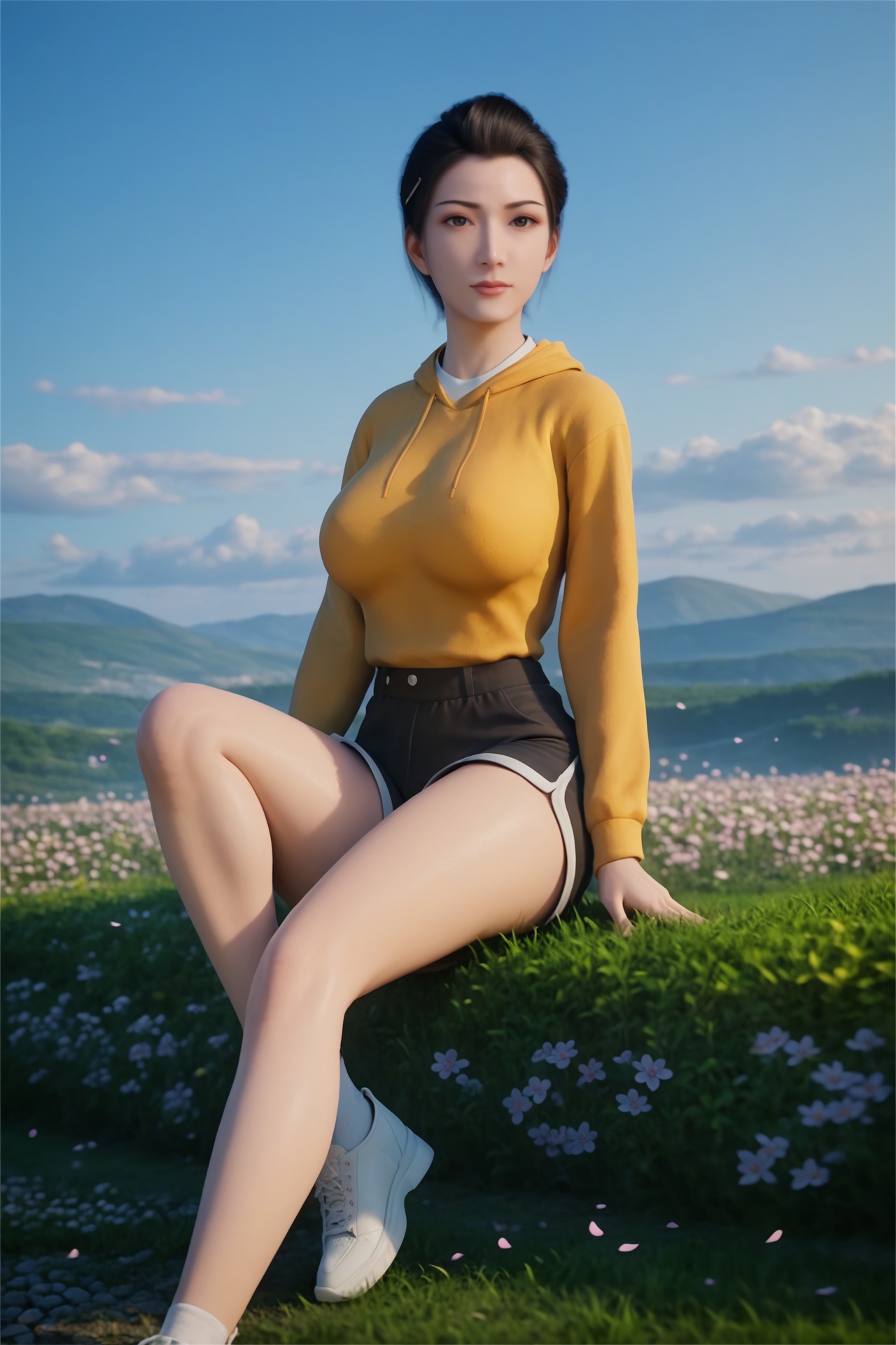 hongfu,<lora:hongfuXL:0.7>,1girl,solo,score_9,score_8_up,score_7_up,32K UHD,8k,4k,best quality,extremely detailed cg 8k wallpaper,ultra-detailed,masterpiece,sharp focus,unconventional supreme masterpiece,masterful details,temperate atmosphere,with a high-end texture,luxurious sharp focus,intense,dynamic cinematic color,located artistic,Fashion and art,elegant and sophisticated,innovative use of light and shadow,decorative,allegorical,symbolic,with a high-end texture,day,sky,outdoors,flower,flower field,petals,sitting,pale skin,looking at viewer,big breasts,sweatshirt,shorts,shoes,
