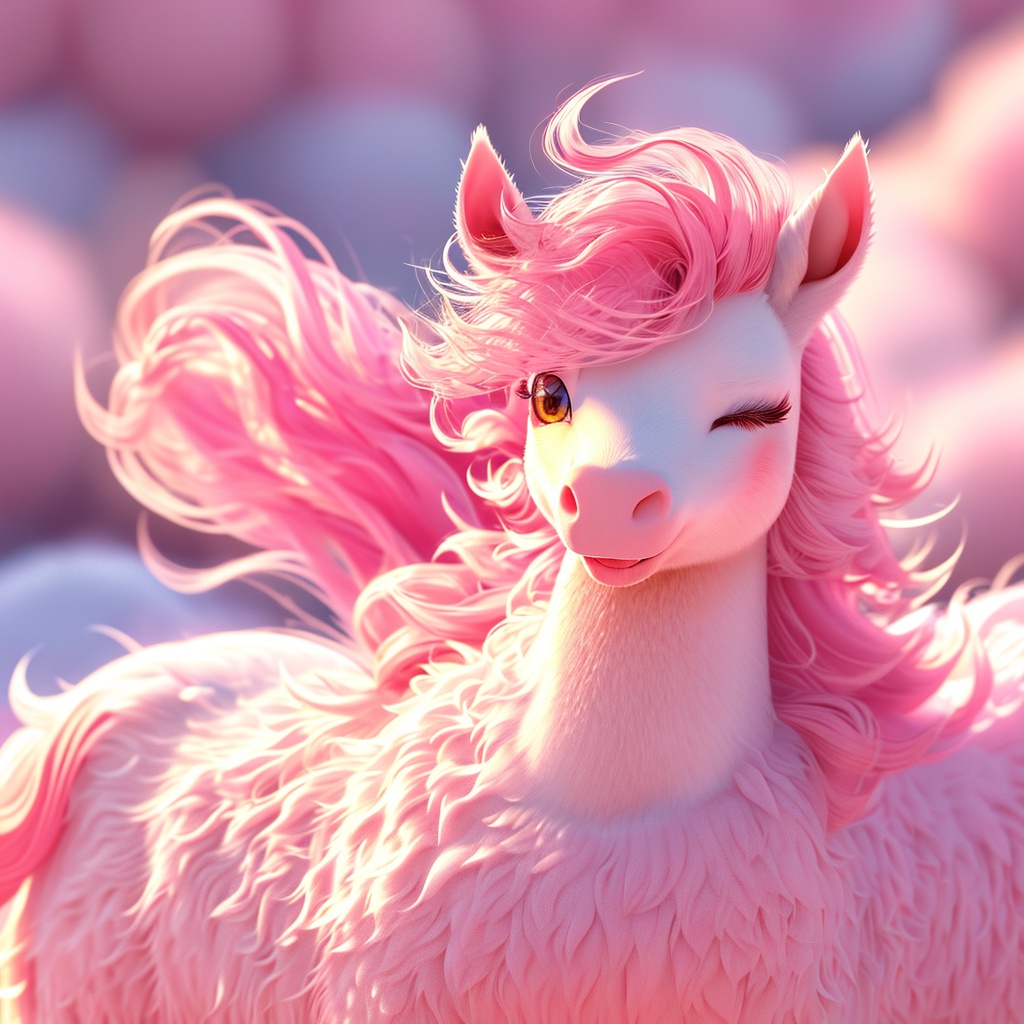 wuma, pony, whiskers, cute, cc-color-correction, mf-movie-filter, warm colors, whimsy and dramatic lighting, white fur, soft lighting, fluffy, pony focus, no humans, one eye closed, pink theme, closed eyes, blurry, :o, open mouth, blurry background, brown eyes, looking at viewer, outdoors, sky, cloud,<lora:wuma_v1:0.8>,