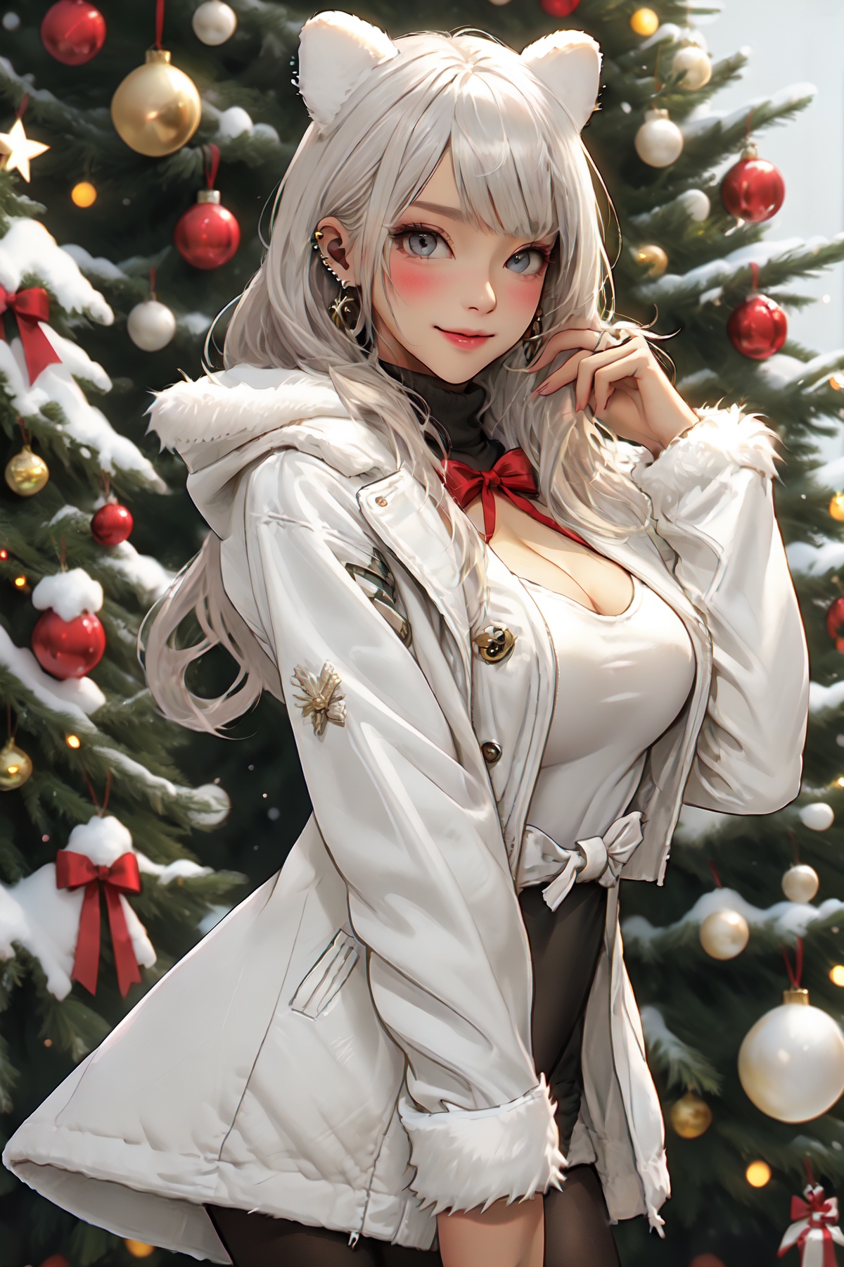 1girl, solo, breasts, christmas tree, long hair, cleavage, looking at viewer, white hair, ear piercing, piercing, white coat, coat, pantyhose, sleeves past wrists, blush, fur trim, jewelry, bangs, long sleeves, animal ears, large breasts, bow, mask, black pantyhose, red bow, earrings, blurry, closed mouth, cowboy shot, lips, open clothes, christmas, blurry background, grey eyes, smile, white jacket, open coat, white sweater, jacket, christmas ornaments, standing, hand up, ribbon, fur-trimmed coat, ring<lora:shengdan:0.55>,