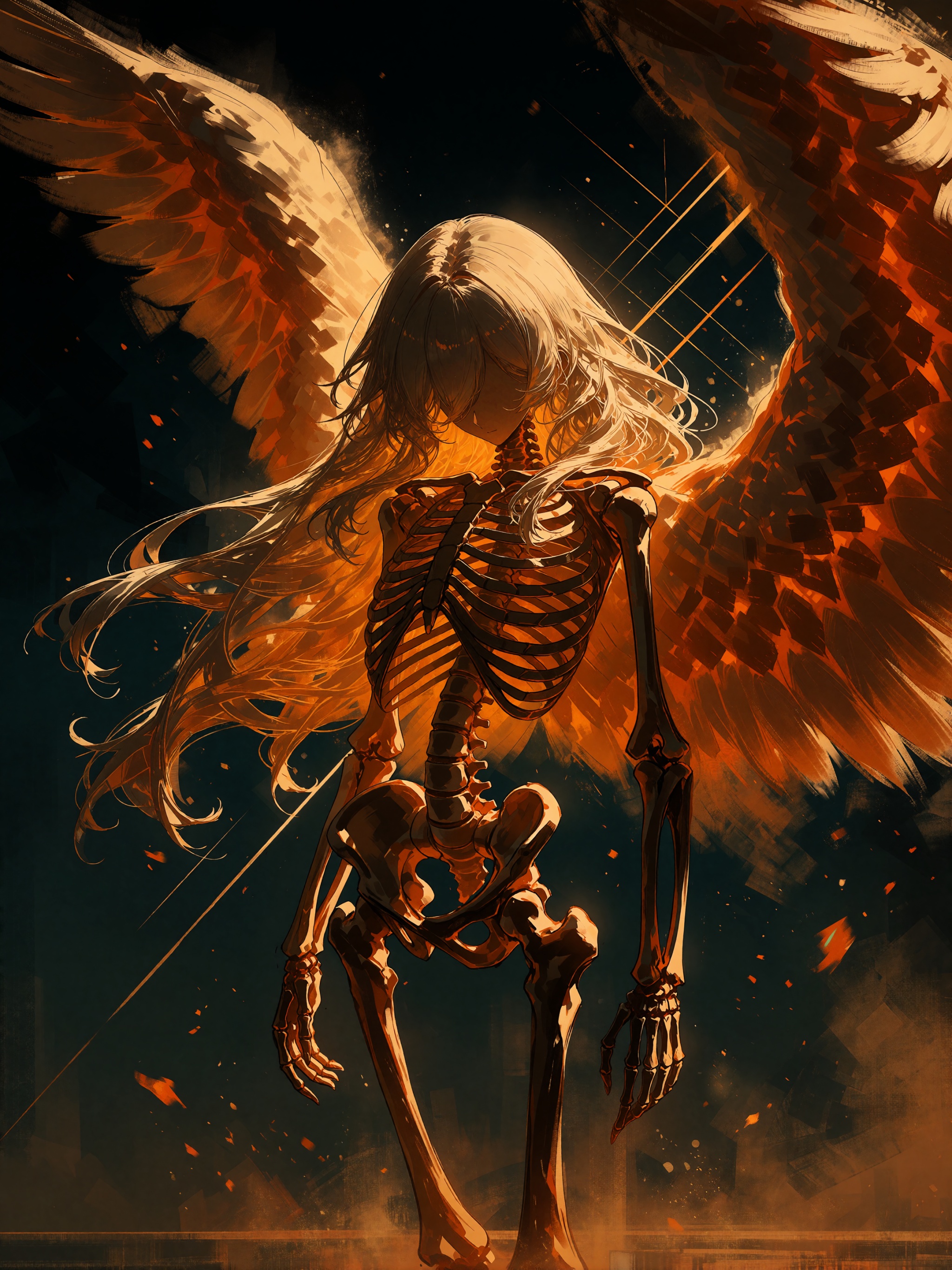 skeletal humanoid figure with long flowing white hair partially obscuring face,  standing in dramatic center frame with ma...