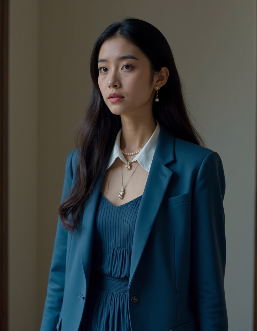 HDR photo of cinematic film still, 1girl, small mouth, solo, long hair, jewelry, necklace, long sleeve dress, blue suit, white collared shirt, pleated dress, short skirt, looking at viewer, dress, pale skin, full body,