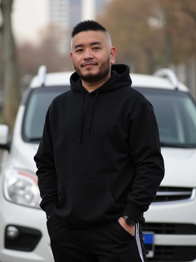 CNBeardModel,beard,pants,realistic,in a black hooded sweatshirt and black pants stands in front of a white car parked on the street.,