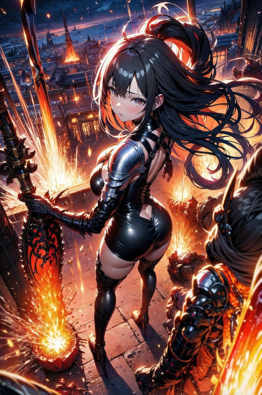 colorful lava inferno volcano devil explosion black armor berserk lightningholding black sword large claymorelong hair sev...