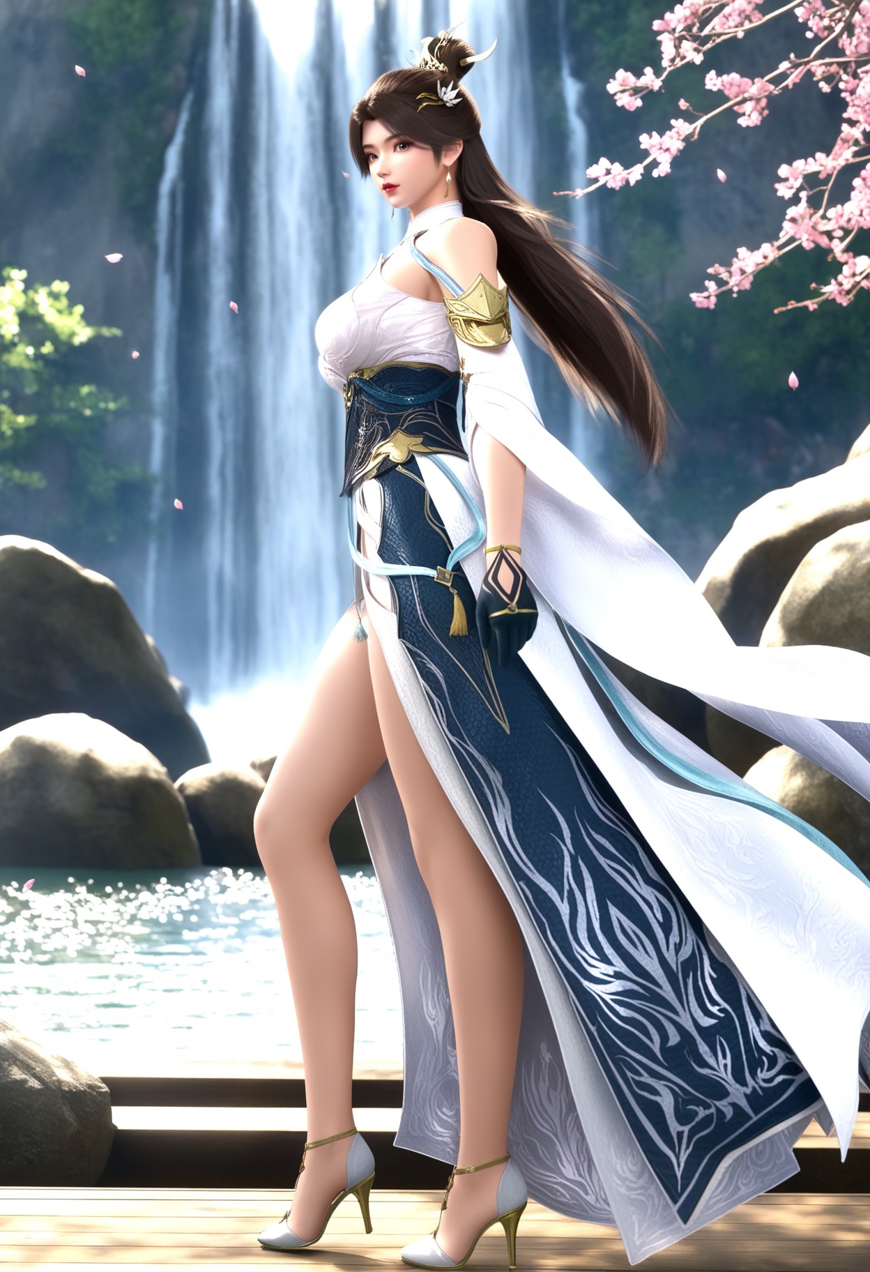 masterpiece,best quality,amazing quality,high resolution,ultra-detailed,absurdres,(looking at viewer:1.1),(moody lighting:1.1),waterfall,peach blossom,falling petals BREAK large breasts,lingxi,1girl,solo,long hair,brown hair,jewelry,dress,hair ornament,earrings,bare shoulders,white dress,detached sleeves,hair bun,gloves,chinese clothes,high heels BREAK photorealistic details,<lora:QQSilllingxiV1:0.8>,