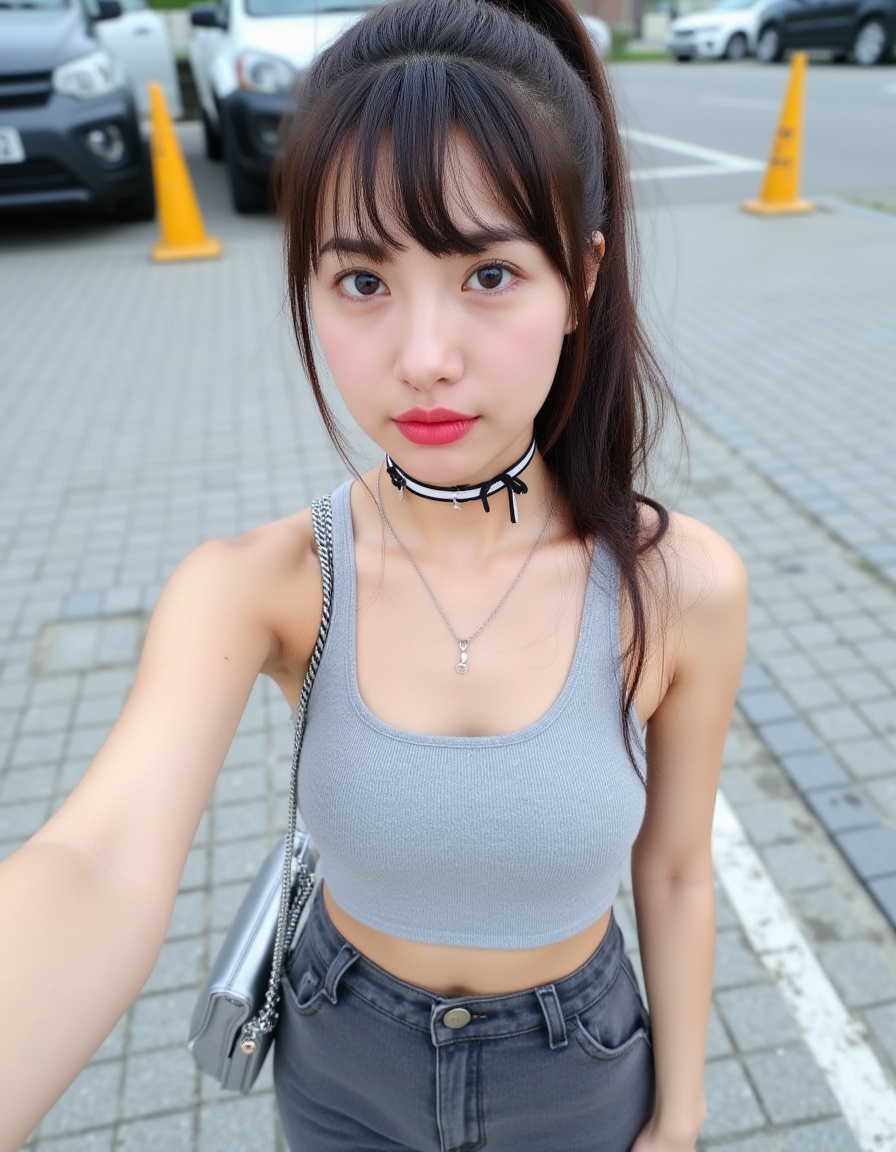 This is a high-resolution photograph of a young woman,likely in her early teenage years,standing outdoors on a paved surface,possibly a parking lot or a plaza. She has fair skin,dark brown hair styled in a loose,side-parted ponytail with bangs framing her face. Her facial features are delicate,with a small nose and full lips,and she has a silver nose ring and a small silver hoop earring in her left ear. She is wearing a tight,light grey crop top that accentuates her large-sized breasts,and high-waisted,dark grey shorts. A black choker with thin black ribbons drapes around her neck,adding a touch of edginess to her outfit. A silver crossbody bag is slung over her right shoulder,and she holds a phone in her left hand,taking a selfie. The background shows a few parked cars and a yellow traffic cone,suggesting a public or semi-public space. The ground is composed of small,square grey pavers,and the overall lighting is natural,indicating it is daytime. The image has a casual,candid feel,capturing a moment of everyday life.,