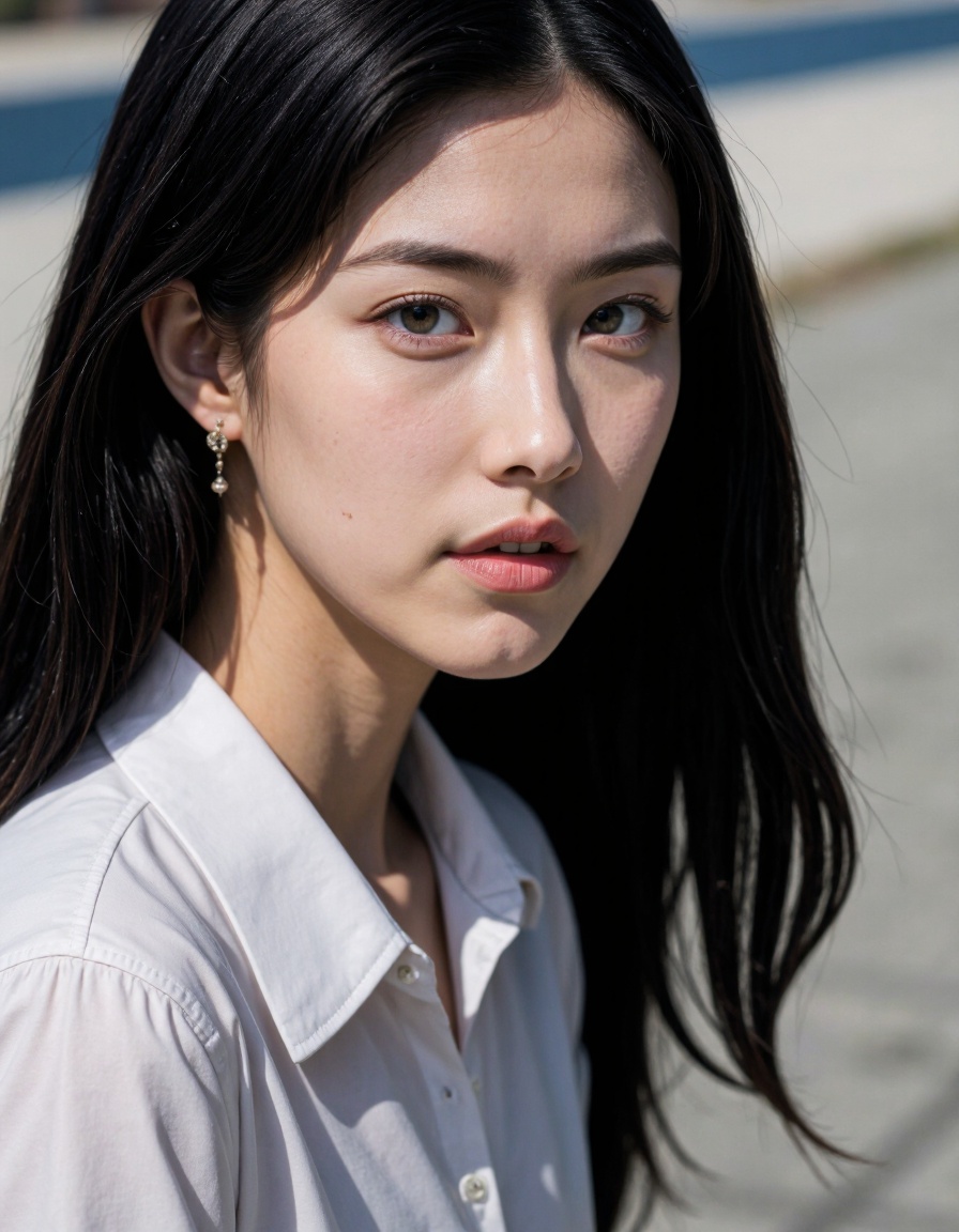 cinematic, 1girl, solo, jewelry, realistic, black hair, earrings, looking at viewer, upper body, long hair, shirt, outdoors,