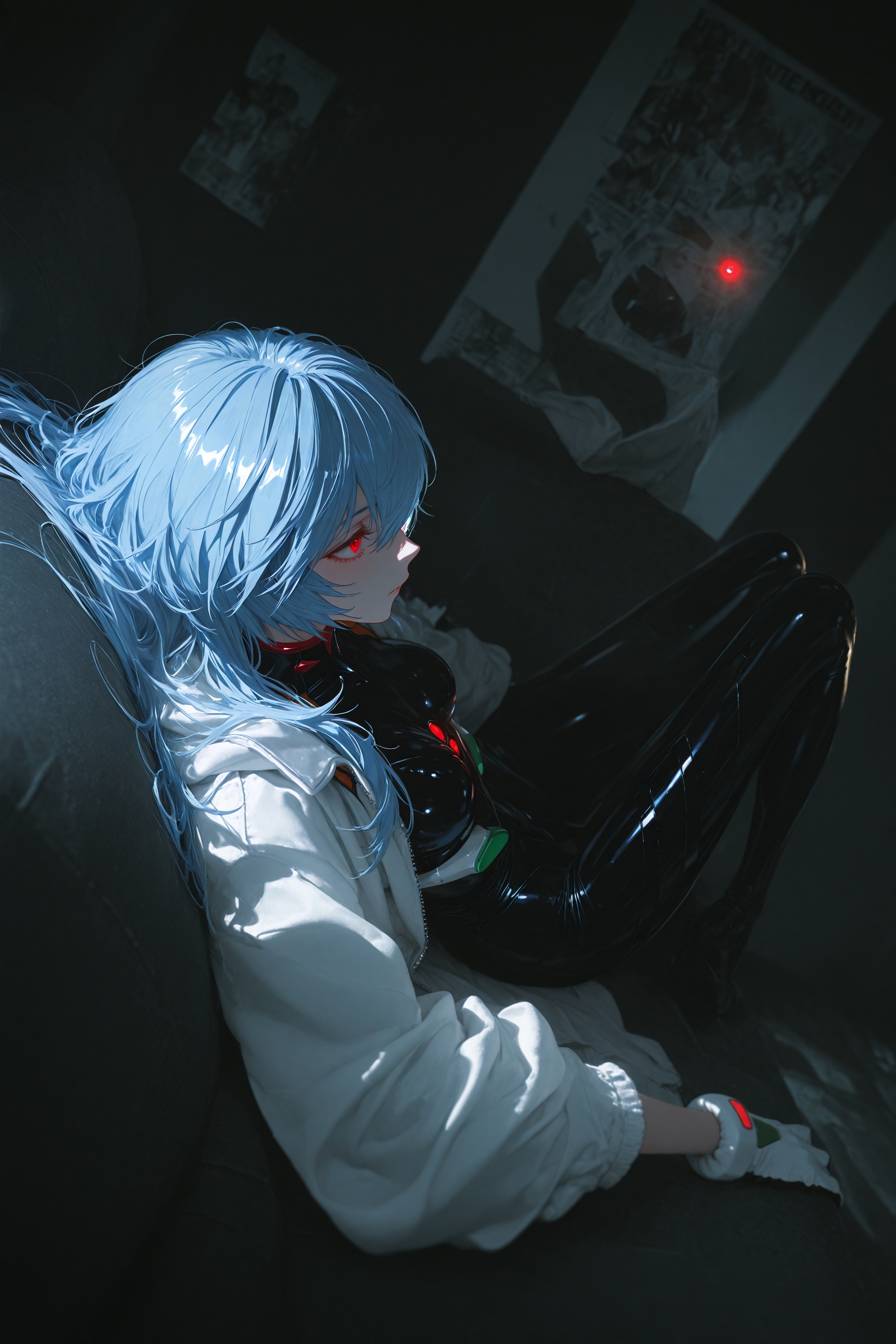 yoneyama mai,1girl,solo,s1_dram,from above,on sofa,RHM22,ayanami rei,1girl,ayanami rei,solo,white gloves,long hair,red eyes,black bodysuit,two-tone gloves,blue hair,hair between eyes,jacket,long sleeves,white jacket,long legs,motion blur,going really fast masterpiece,deep focus,color  graded cinematic,atmospheric  lighting,award  film grain,A shot with tension,(Visual impact,giving the poster a dynamic and visually striking appearance:1.2),impactful picture,ultra-realistic,high dynamic range,photoreal,epic realistic,dark shot,shadows,contrast,layered colors,vivid colors,contrast,offcial art,movie perspective,very aesthetic,disheveled hair,perfect composition,intricate details,moody,epic,intricate details,soothing tones,high contrast,natural skin texture,soft light,sharp,masterpiece,best quality,(ray tracing),sunlight,insanely interplay between lights and shadows,extreme aesthetic,(quasarcake:0.7),masterpiece,best quality,good quality,newest,year 2024,year 2023,very aesthetic,absurdres,A shot with tension,(Visual impact,giving the poster a dynamic and visually striking appearance:1.2),ultra-high resolution,32K UHD,sharp focus,best-quality,masterpiece,Emotionalization,unconventional supreme masterpiece,masterful details,temperate atmosphere,with a high-end texture,in  the style of fashion photography,(glowing:1.2),depth of field,blurry background,cast shadow,partially_submerged,black theme,dutch angle,photo background,3d background,