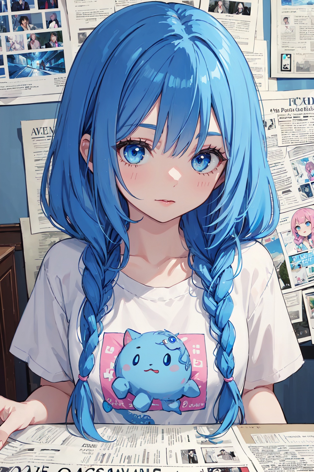 High quality, multi detail, 1 girl, all blue hair, blue hair, pink hair, braids, double braids, blue braids, blue braids, long hair, pompadu hair, bangs, big bangs, silly hair, big silly hair, fluffy hair, T-shirt, upper body, exquisite face, clear eyes, sapphire eyes, newspaper wall, clear newspaper content, 8k, HD