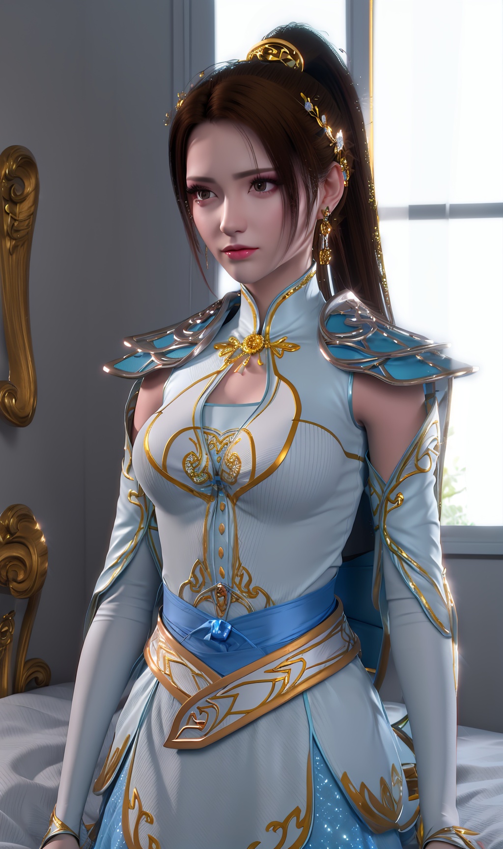 3D,masterpiece,(best quality),(makeup),official art, extremely detailed cg 8k wallpaper,((crystalstexture skin)), (extremely delicate and beautiful),(highly detailed),(face),headpiece,(collar),(ponytail),(shawl),(closed_mouth)(1girl), (solo), (jewelry), (earrings),(black_hair),(long_hair),(hair_ornament),(handwear),(breasts),(standing),(upper_body),(dress),(short_skirt),(multicolored_clothes),(multicolored_dress),(shiny_clothes),(city,indoor,bed),(sash),,((looking_at_viewer)),((Facing the camera)),, <lora:hipoly3DModelLora_v10:0.3>