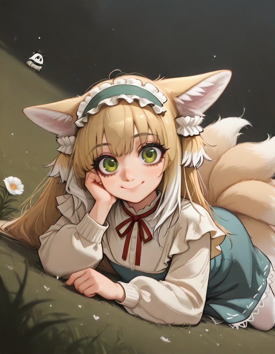 1girl,suzuran \(spring praise\) \(arknights\),(ningen mame:1.1),ciloranko,[sho \(sho lwlw\)],ask \(askzy\),tianliang duohe fangdongye,rhasta,wlop,dynamic angle,dutch angle,on stomach,head tilt,head rest,animal ears,blonde hair,eyes visible through hair,frilled hairband,frilled skirt,grass,green eyes,green hairband,legs up,long hair,long sleeves,looking at viewer,lying,multicolored hair,multiple tails,neck ribbon,official alternate costume,outdoors,plant,red ribbon,ribbon-trimmed skirt,smile,solo,streaked hair,white flower,white pantyhose,white tail,yellow tail,light particles,bloom,depth of field,masterpiece,best quality,good quality,newest,highres,absurdres,